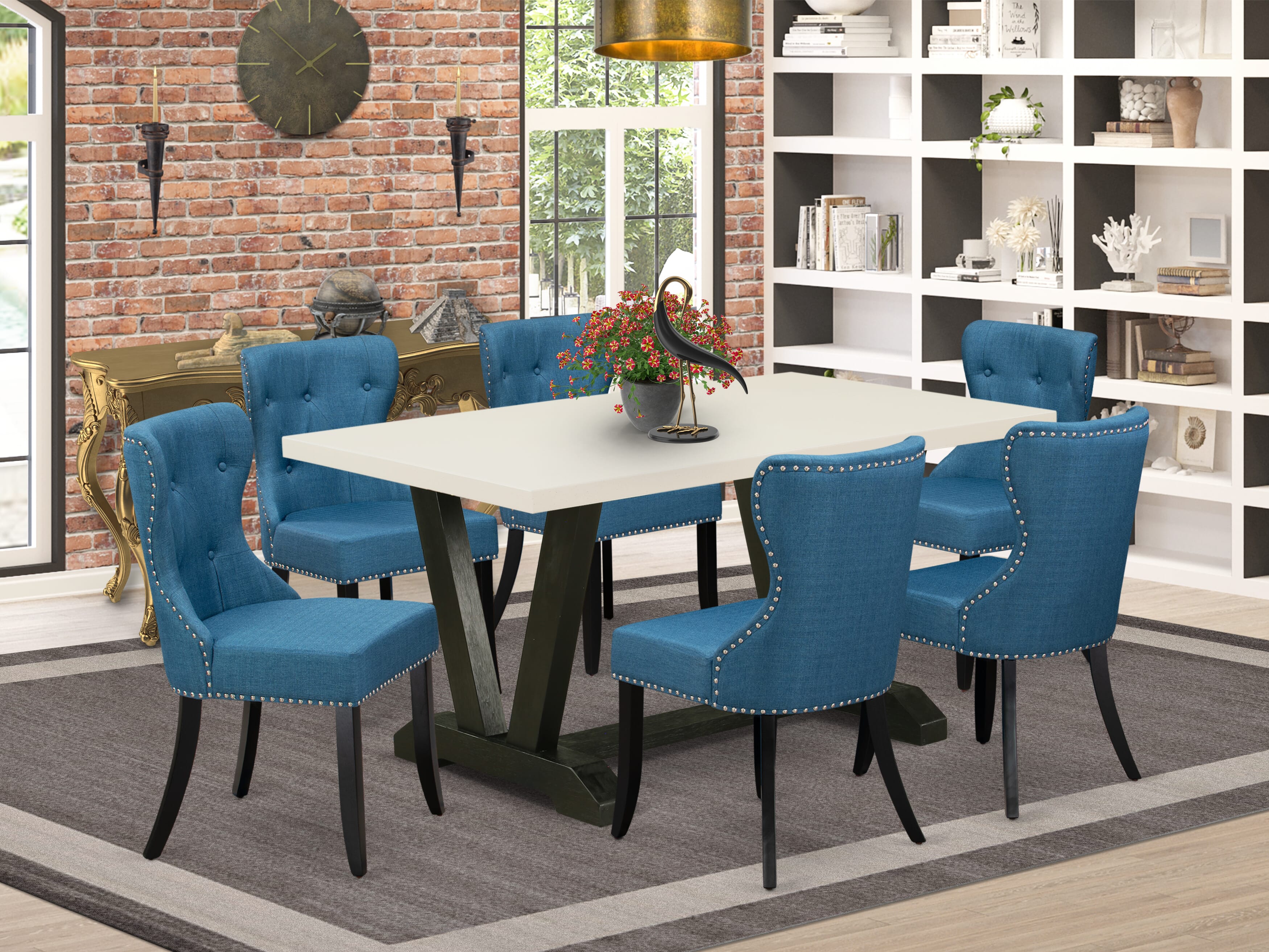 East West Furniture 7-Pc Kitchen Dining Set- 6 Upholstered Dining Chairs with Blue Linen Fabric Seat and Button Tufted Chair Back - Rectangular Table top & Wooden Legs - linen white and Black Finish