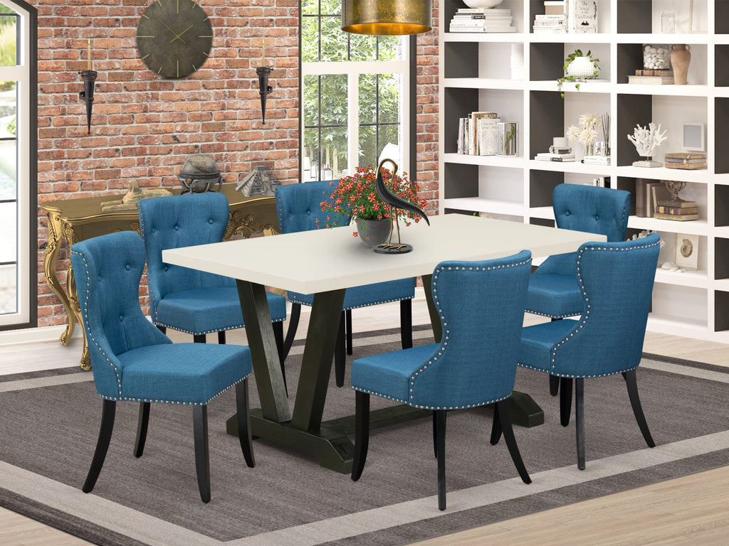 Juego de comedor de cocina East West Furniture V626SI121-7 de 7 piezas: 6 sillas tapizadas con asiento de tela de lino azul y respaldo capitoné con botones, tablero rectangular y patas de madera, acabado en blanco lino y negro.