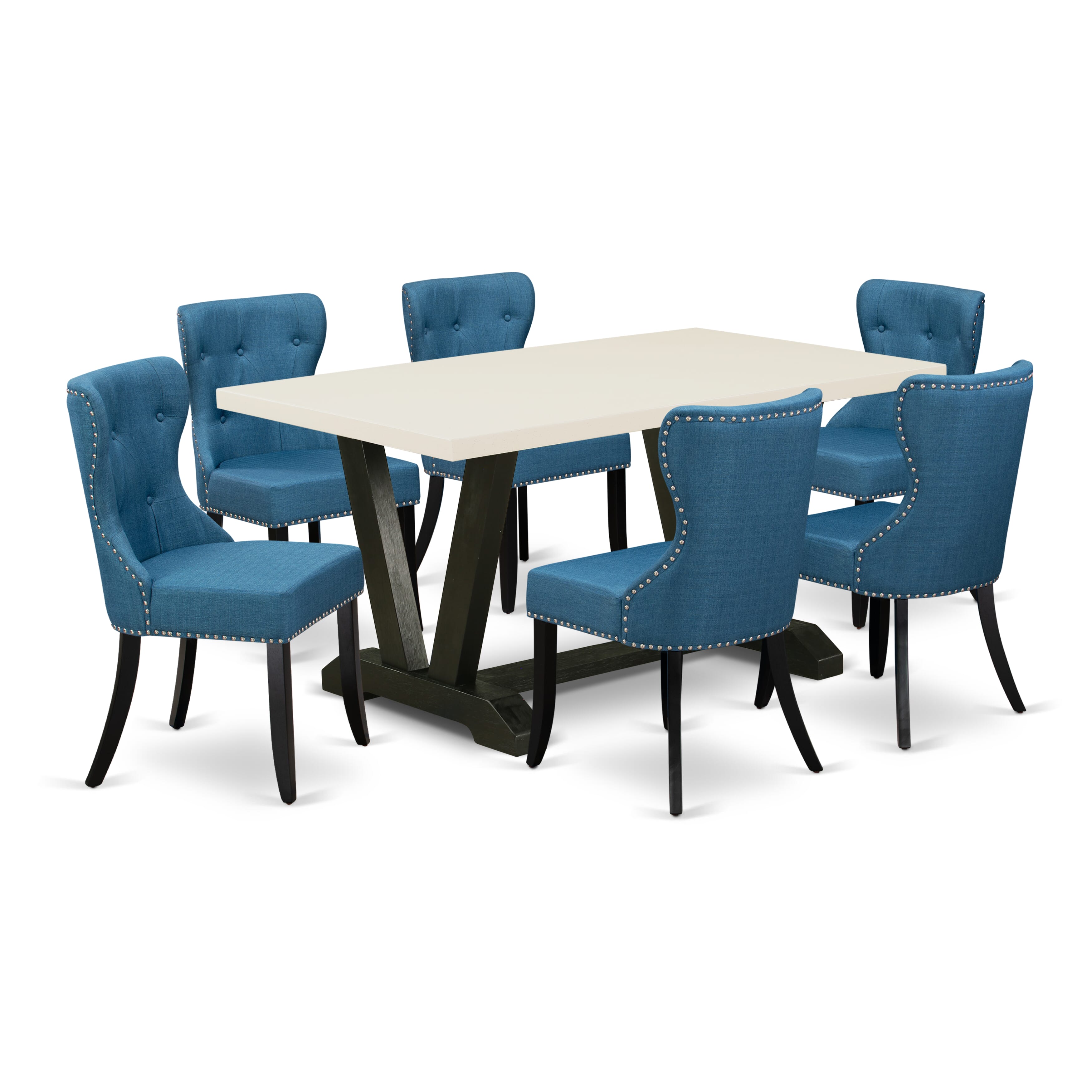 East West Furniture 7-Pc Kitchen Dining Set- 6 Upholstered Dining Chairs with Blue Linen Fabric Seat and Button Tufted Chair Back - Rectangular Table top & Wooden Legs - linen white and Black Finish