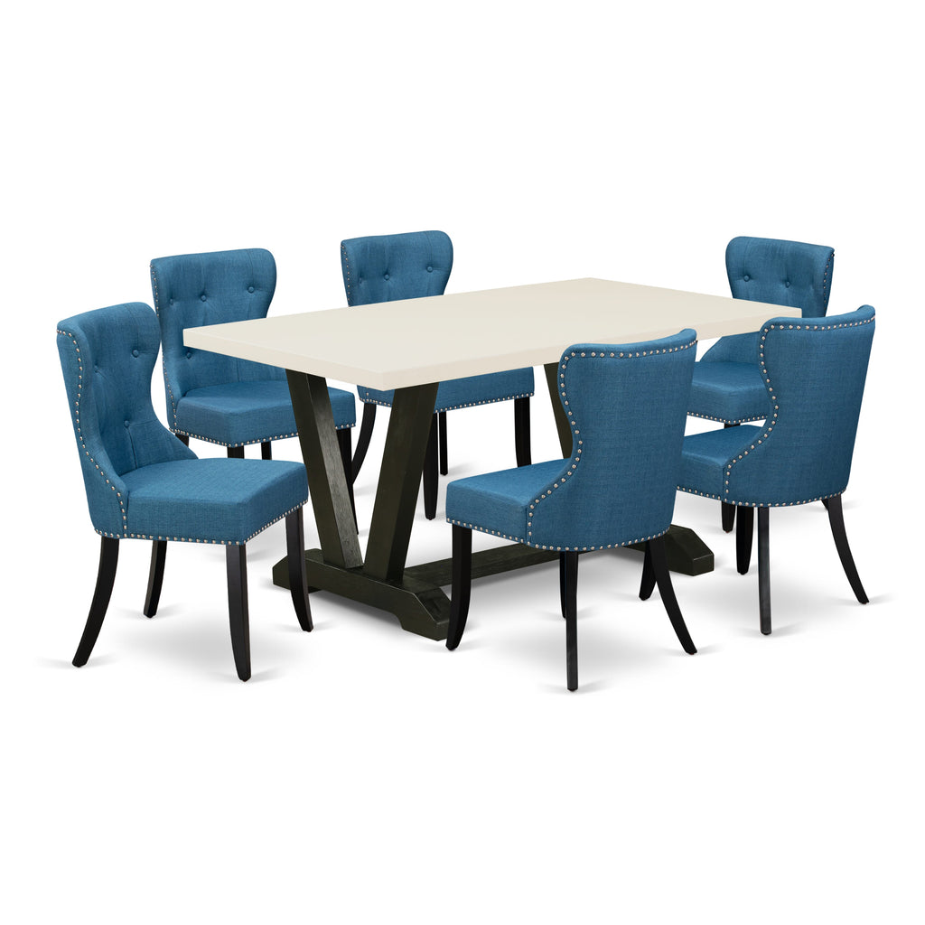 Juego de comedor de cocina East West Furniture V626SI121-7 de 7 piezas: 6 sillas tapizadas con asiento de tela de lino azul y respaldo capitoné con botones, tablero rectangular y patas de madera, acabado en blanco lino y negro.