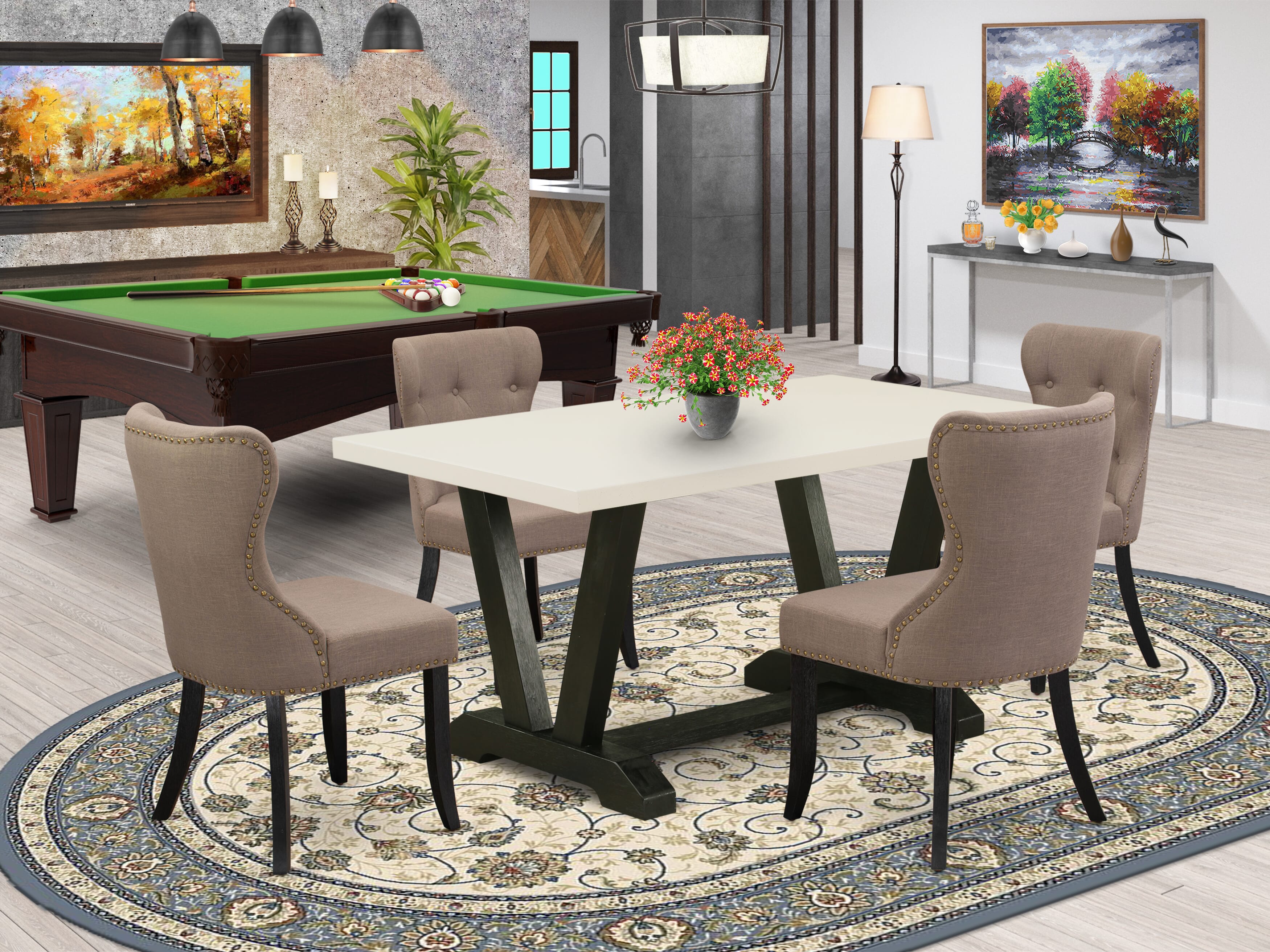 East West Furniture V626SI648-5 5-Piece Dining Table Set - Coffee Linen Fabric Seat and Button Tufted Chair Back Dining Chairs and Rectangular Table - linen white Finish