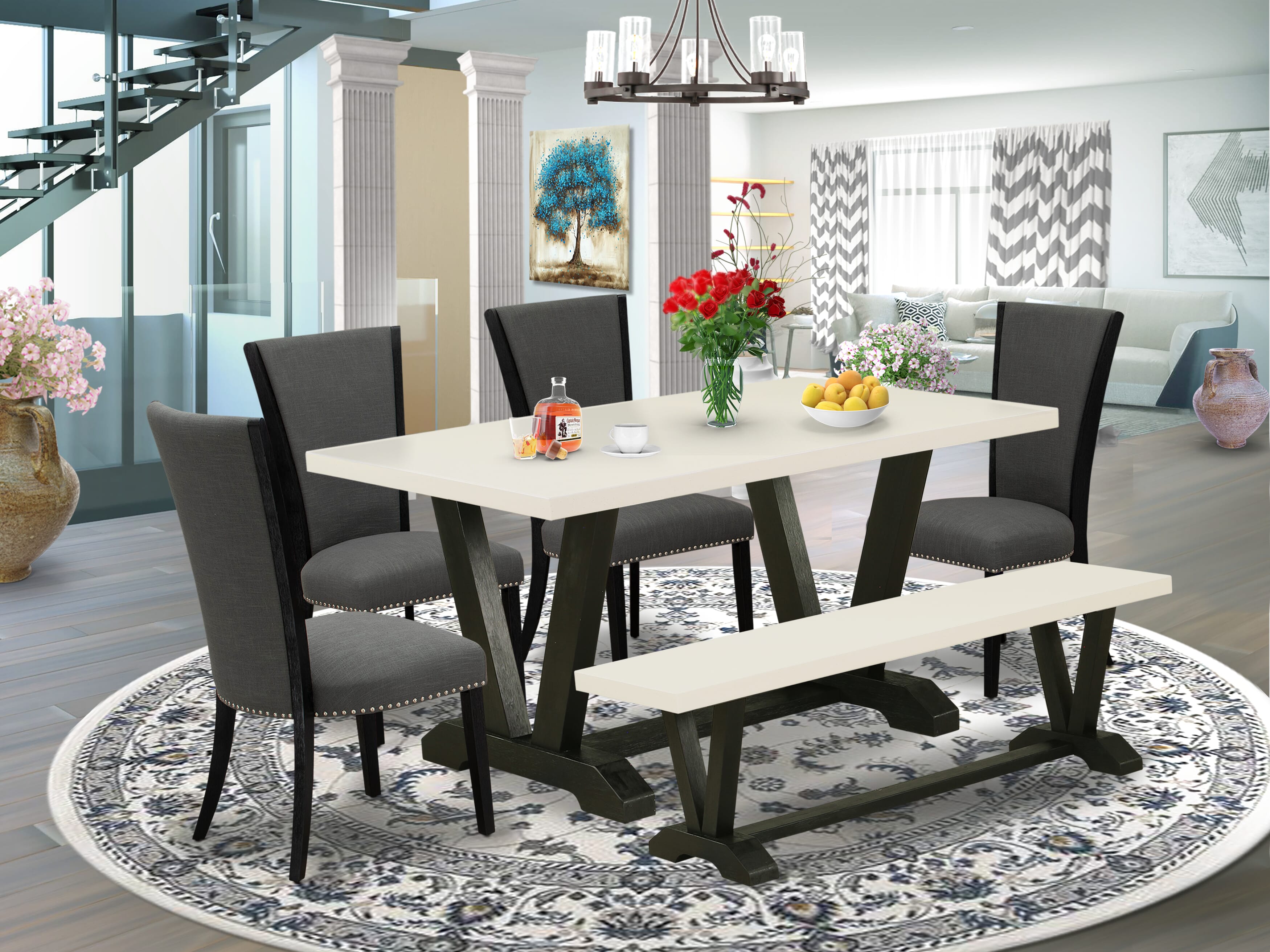 East West Furniture V626VE650-6 6 Piece Mid Century Dining Set - 4 Dark Gotham Grey Linen Fabric Modern Chair with Nailheads and linen white Dining Table - 1 Dining Room Bench - Black Finish