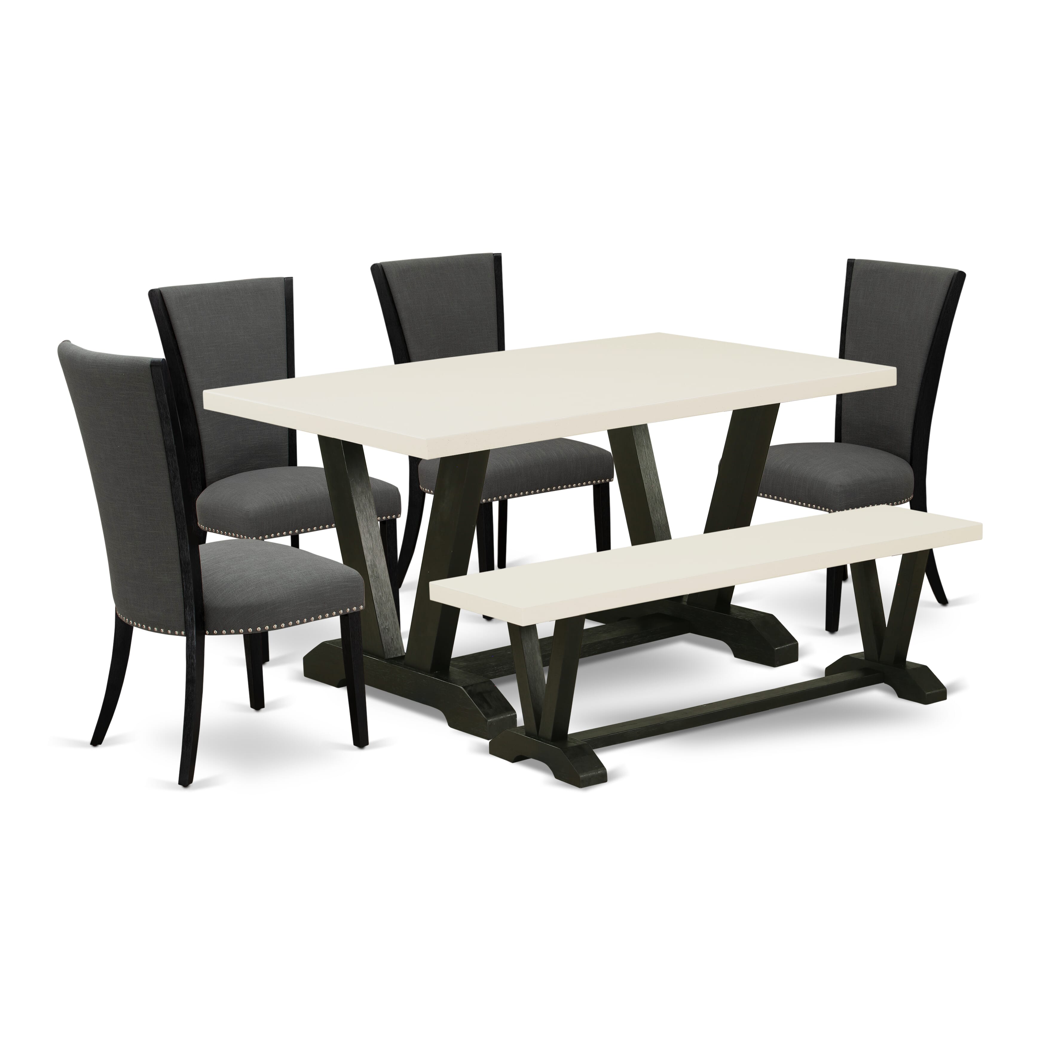 East West Furniture V626VE650-6 6 Piece Mid Century Dining Set - 4 Dark Gotham Grey Linen Fabric Modern Chair with Nailheads and linen white Dining Table - 1 Dining Room Bench - Black Finish