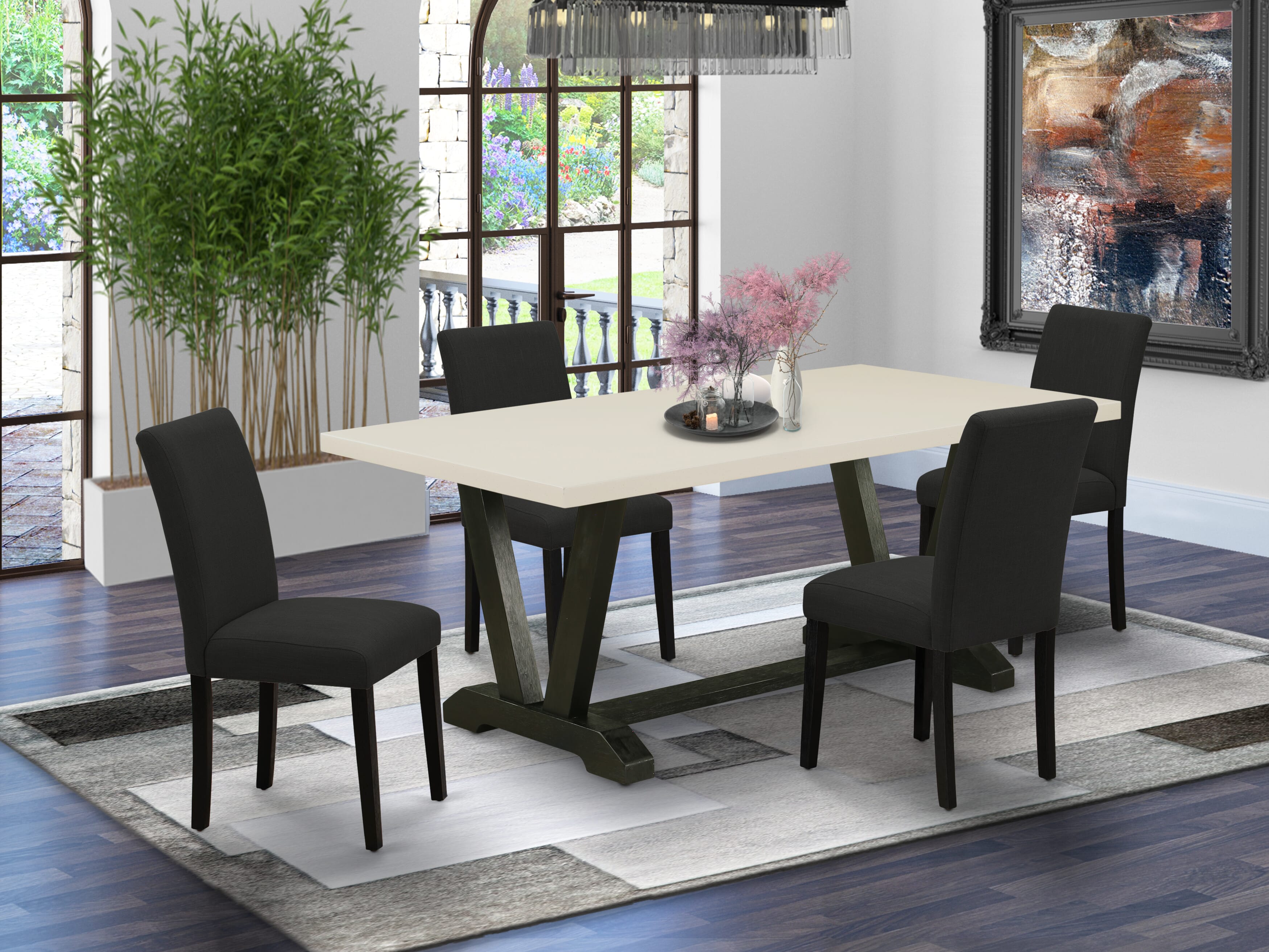 East West Furniture 5-Pc Kitchen and Dining Room Chairs Includes 4 Parson dining chairs with Upholstered Seat and High Back and a Rectangular Wood Dining Table - Black Finish
