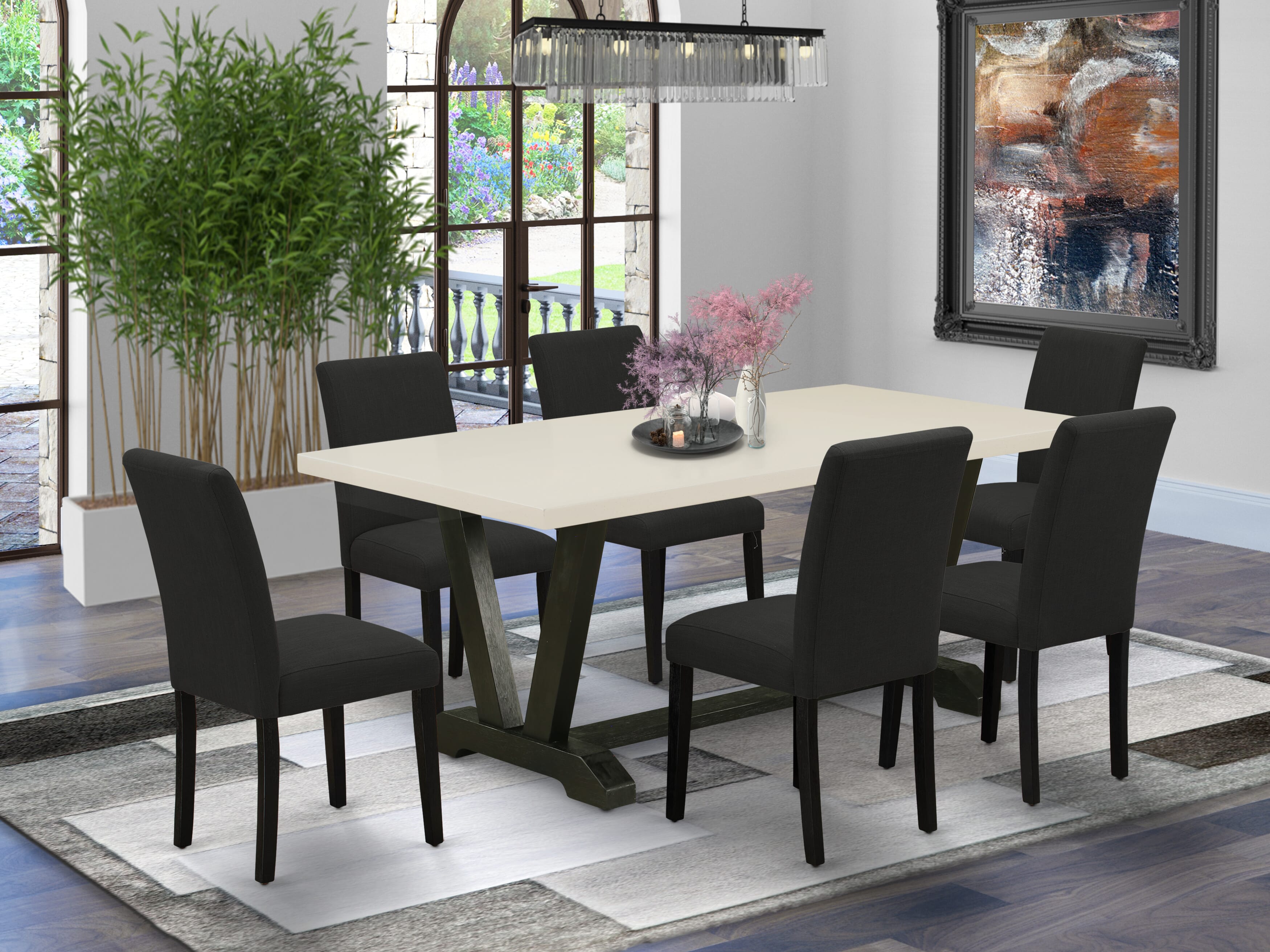 East West Furniture 7-Pc dining room table set Includes 6 Dining Room Chairs with Upholstered Seat and High Back and a Rectangular Wooden Dining Table - Black Finish