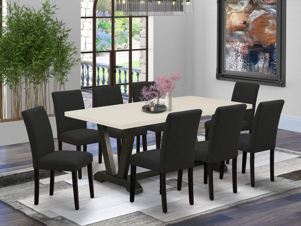El juego de mesa de comedor East West Furniture V627AB624-9 de 9 piezas incluye una mesa de comedor rectangular con patas en V y 8 sillas Parsons de tela de lino de color negro.
