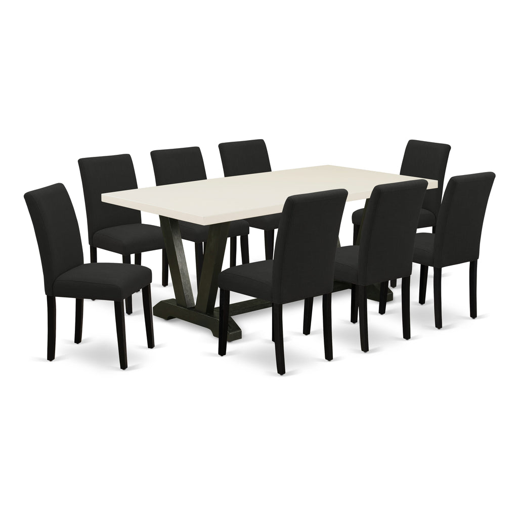 El juego de mesa de comedor East West Furniture V627AB624-9 de 9 piezas incluye una mesa de comedor rectangular con patas en V y 8 sillas Parsons de tela de lino de color negro.