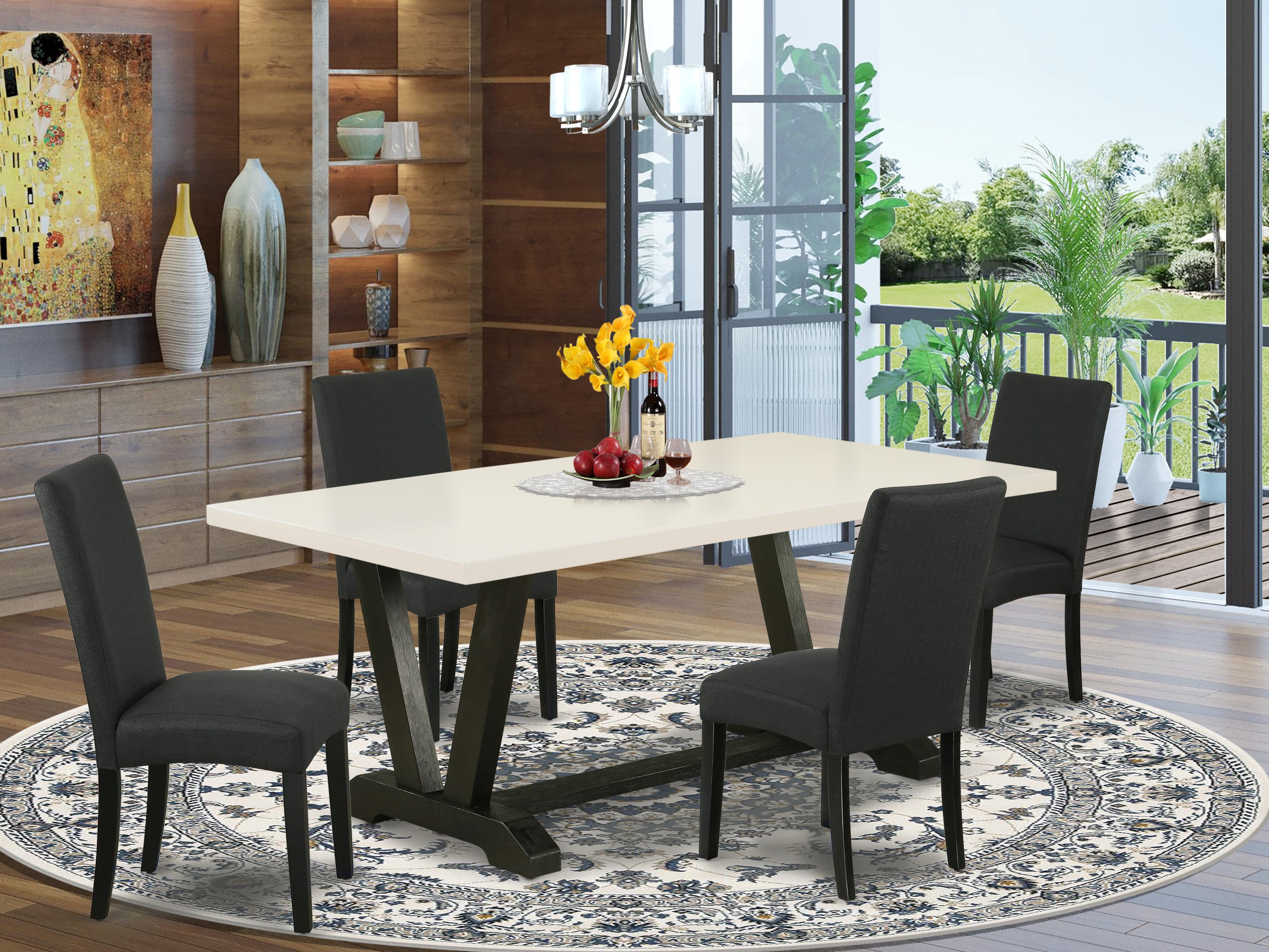 East West Furniture V627DR124-5 5-Piece Dining Room Table Set- 4 Parson dining room chairs with Black Linen Fabric Seat and Stylish Chair Back � Kitchen Room Table - linen white Finish