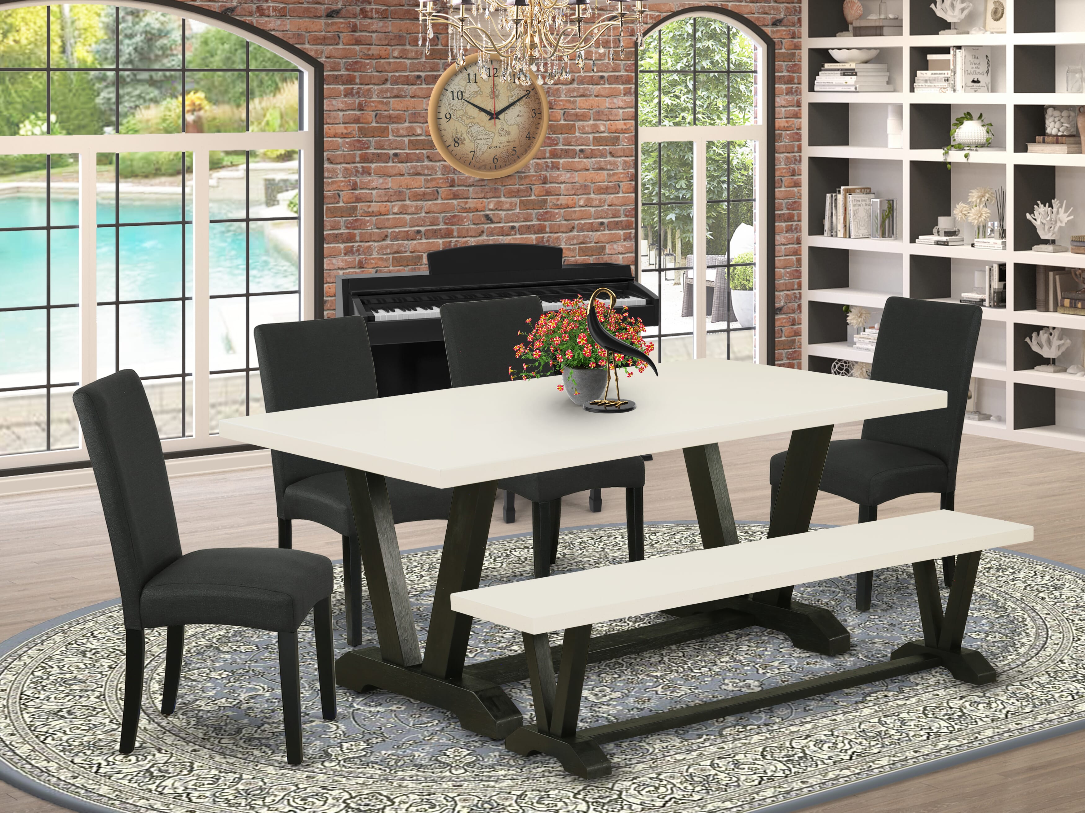 East West Furniture 6-Pc Kitchen Dining Room Set- 4 Dining Chairs with Black Linen Fabric Seat and Stylish Chair Back - Rectangular top & Wooden Legs Dining Table and Dining Room Bench - linen white and Black Finish