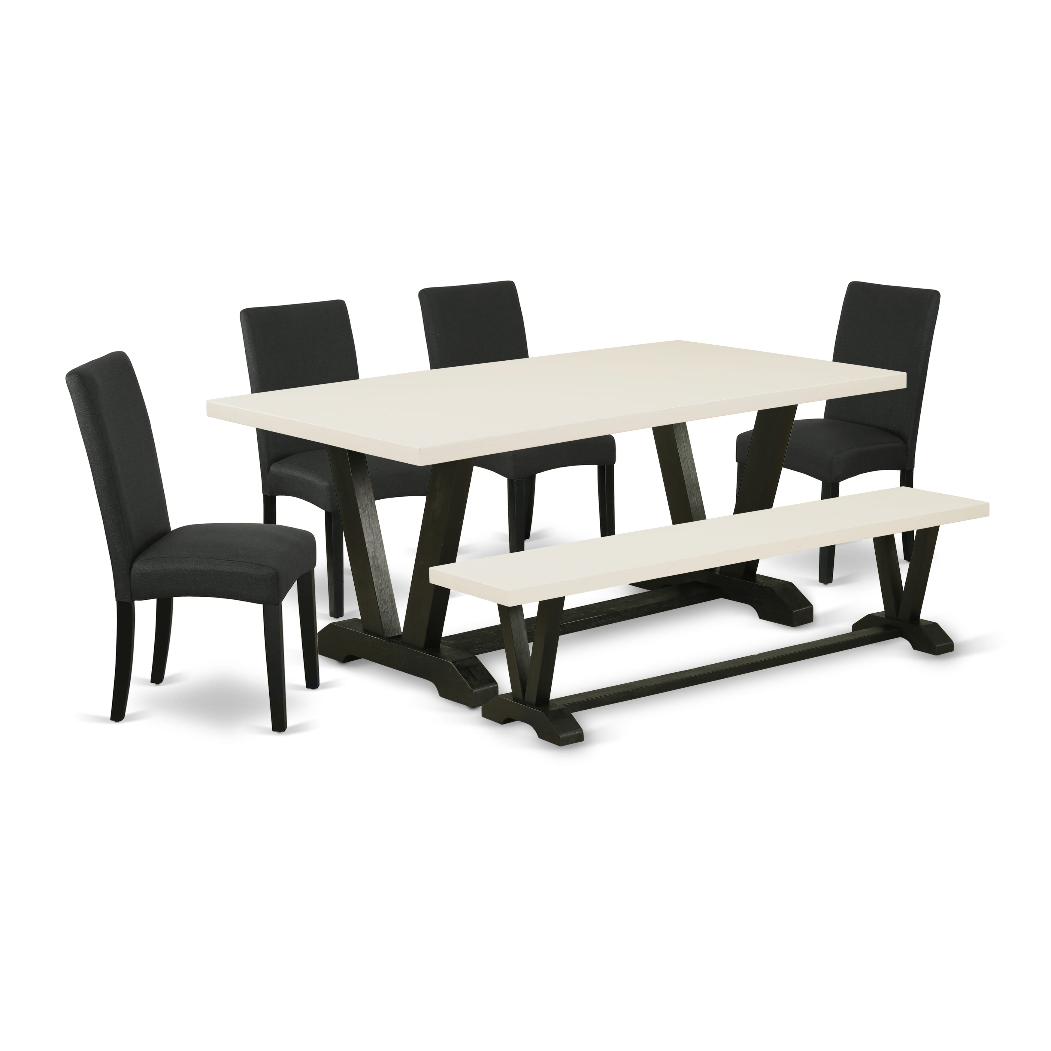 East West Furniture 6-Pc Kitchen Dining Room Set- 4 Dining Chairs with Black Linen Fabric Seat and Stylish Chair Back - Rectangular top & Wooden Legs Dining Table and Dining Room Bench - linen white and Black Finish