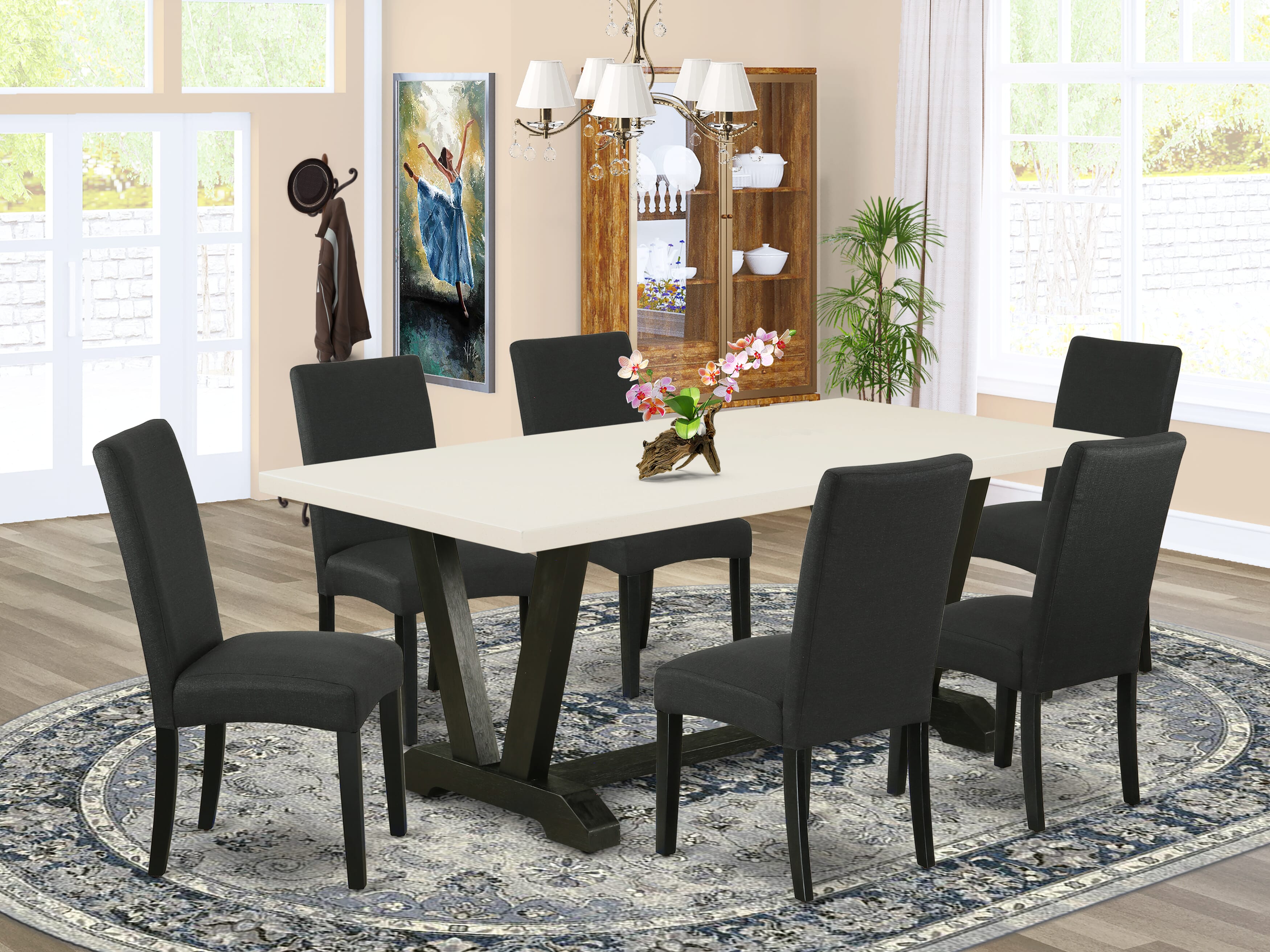 East West Furniture 7-Pc Modern Dining Set- 6 padded parson chairs with Black Linen Fabric Seat and Stylish Chair Back - Rectangular Table top & Wooden Legs - linen white and Black Finish