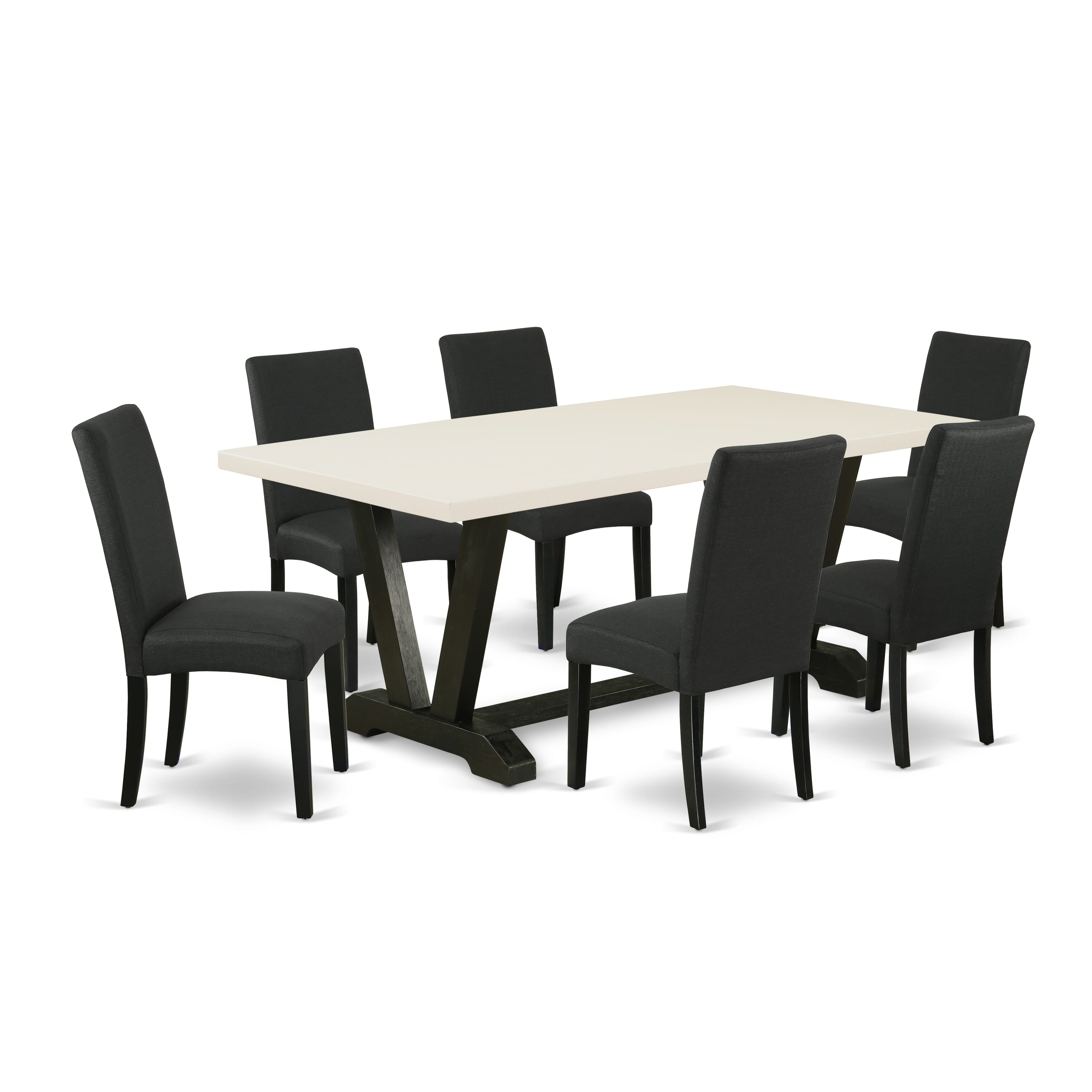 East West Furniture 7-Pc Modern Dining Set- 6 padded parson chairs with Black Linen Fabric Seat and Stylish Chair Back - Rectangular Table top & Wooden Legs - linen white and Black Finish