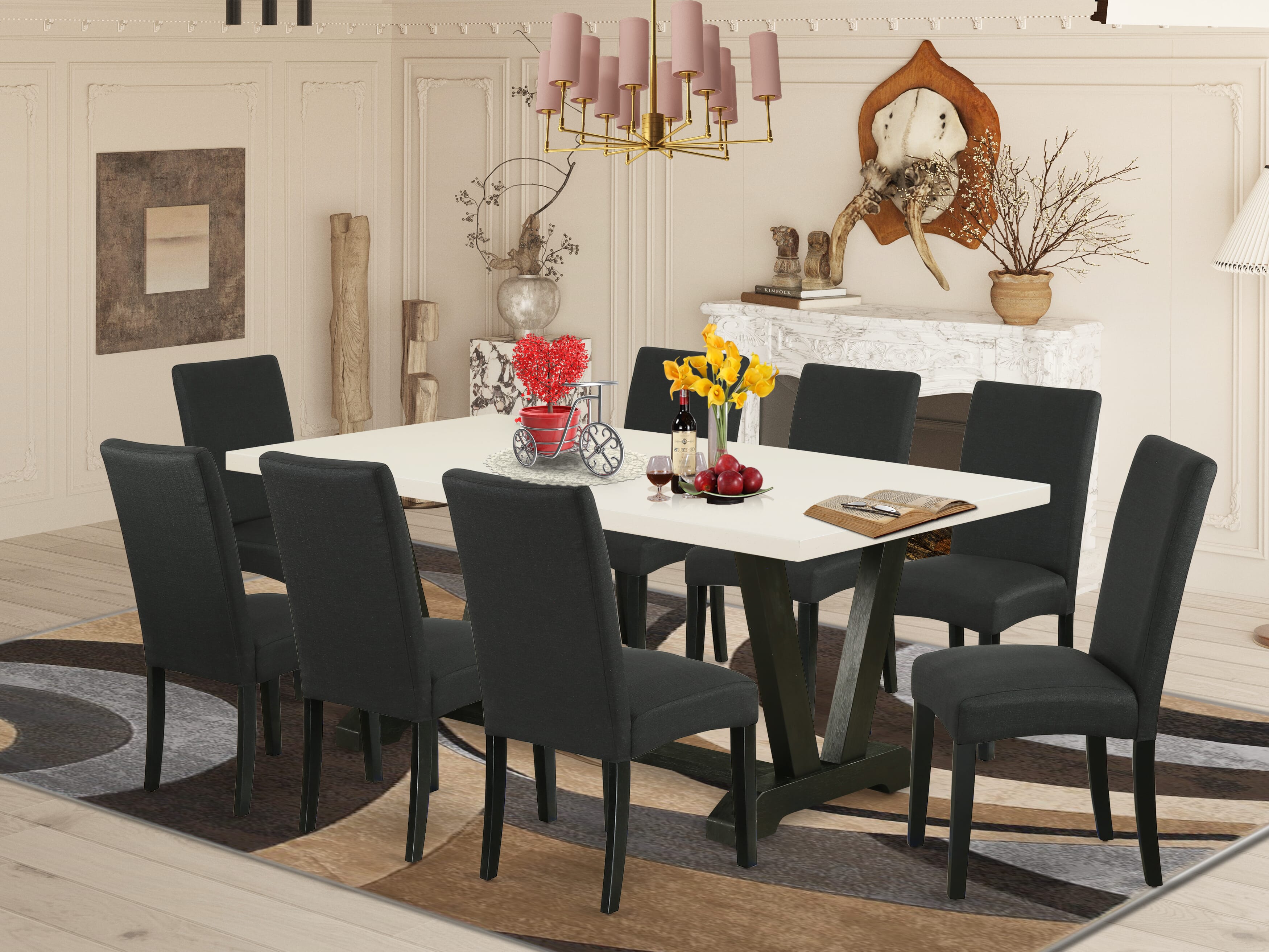 East West Furniture 9-Piece Dinette Room Set- 8 dining room chairs with Black Linen Fabric Seat and Stylish Chair Back - Rectangular Table top & Wooden Legs - linen white and Black Finish