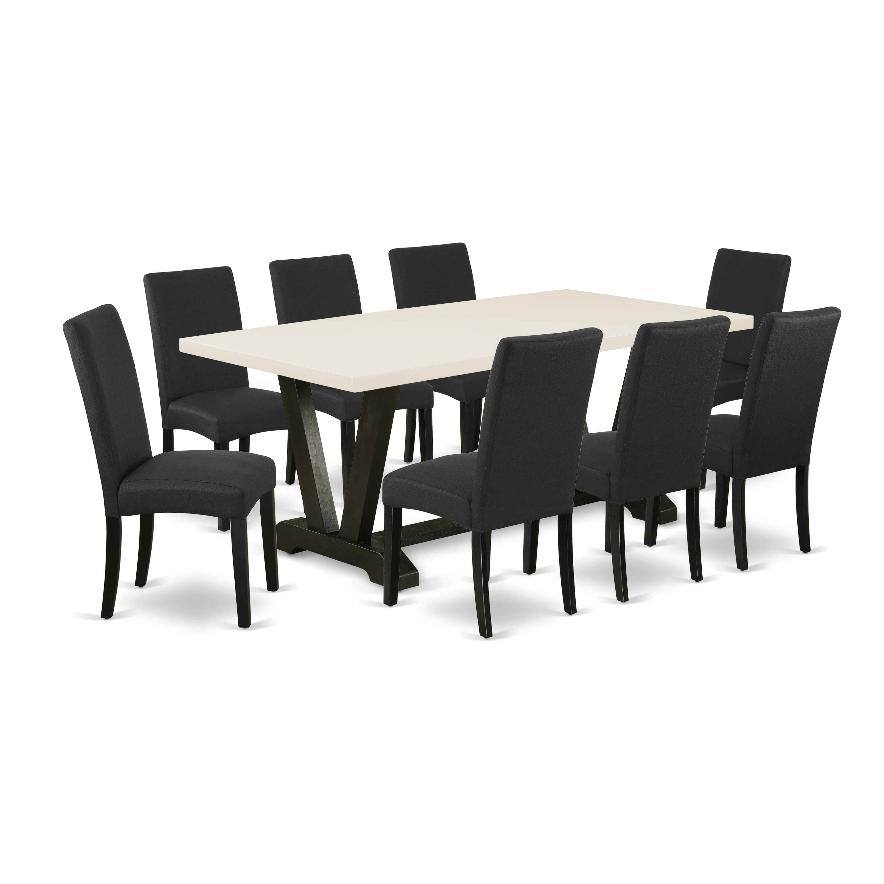 East West Furniture 9-Piece Dinette Room Set- 8 dining room chairs with Black Linen Fabric Seat and Stylish Chair Back - Rectangular Table top & Wooden Legs - linen white and Black Finish