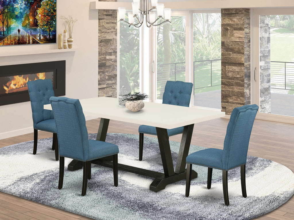 Juego de mesa de cocina de 5 piezas East West Furniture V627EL121-5 para 4 personas. Incluye una mesa de comedor rectangular con patas en V y 4 sillas tapizadas en tela de lino azul.
