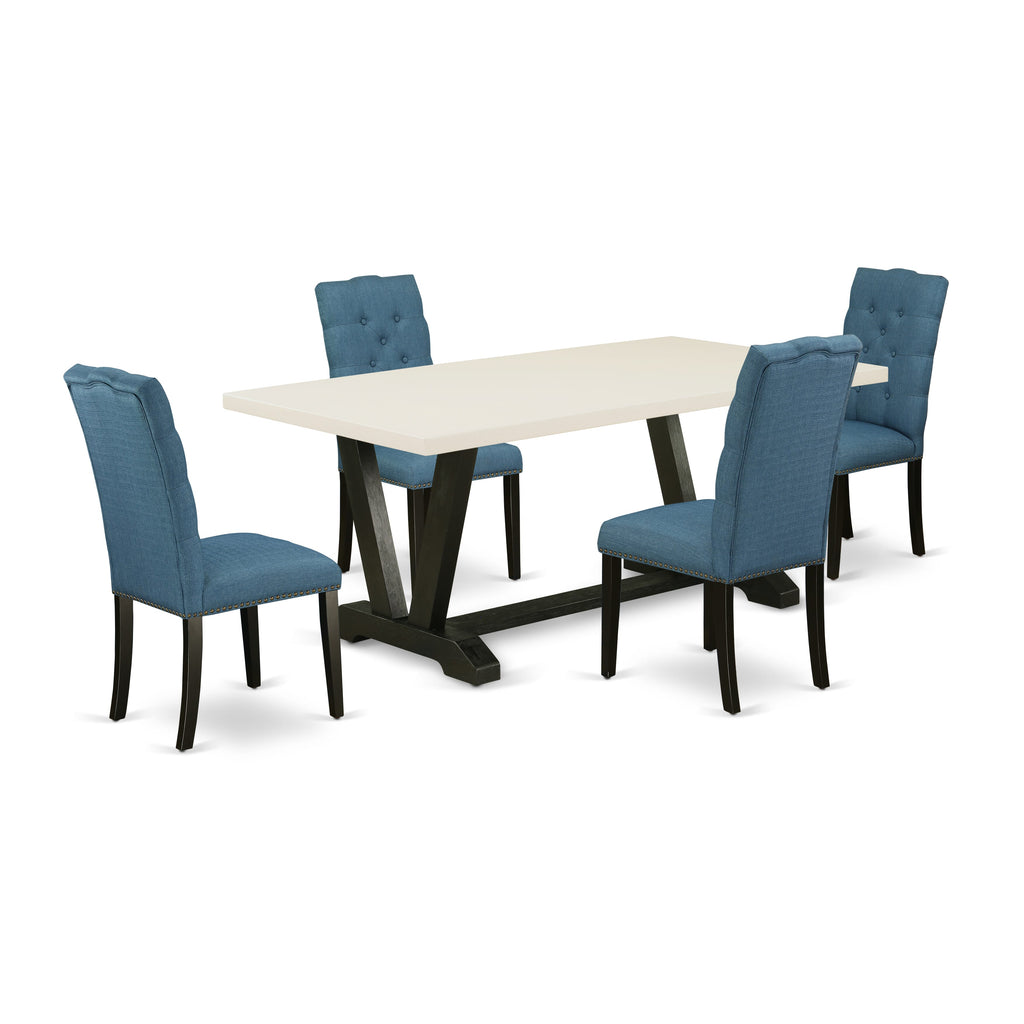 Juego de mesa de cocina de 5 piezas East West Furniture V627EL121-5 para 4 personas. Incluye una mesa de comedor rectangular con patas en V y 4 sillas tapizadas en tela de lino azul.
