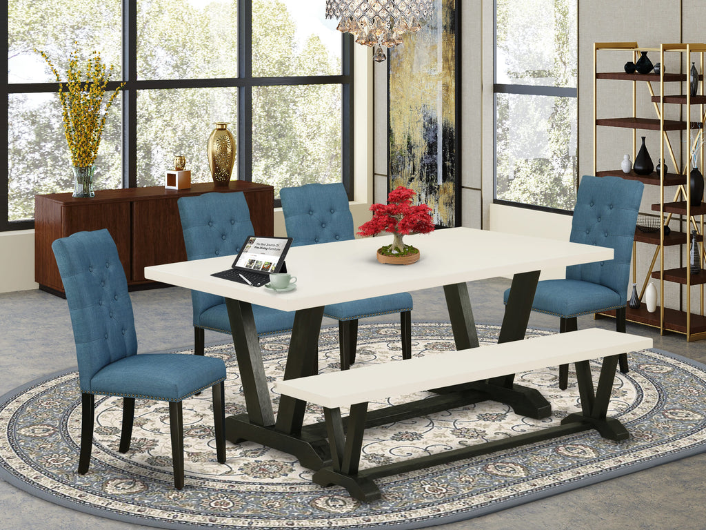 East West Furniture V627EL121-6 6-Piece Dining Table Set with Dining Table and Wooden Bench - 4 Linen Fabric Padded Parson Chairs (Wire Brushed Black Finish)