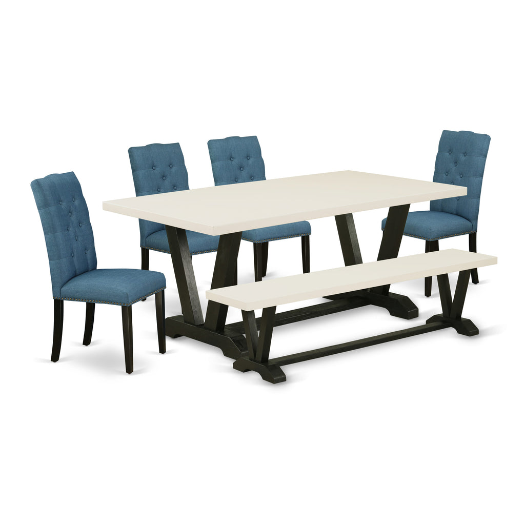 East West Furniture V627EL121-6 6-Piece Dining Table Set with Dining Table and Wooden Bench - 4 Linen Fabric Padded Parson Chairs (Wire Brushed Black Finish)