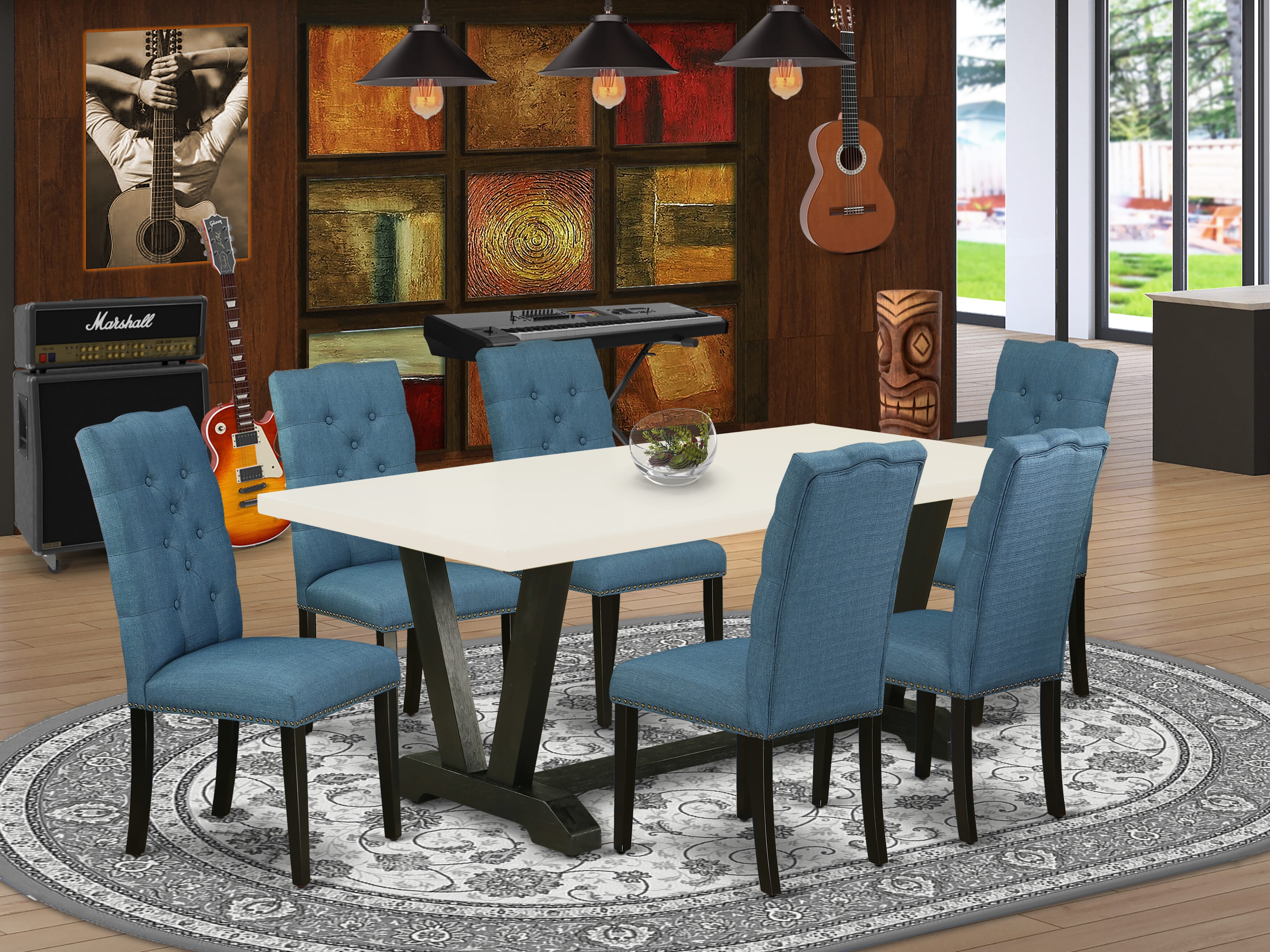 East West Furniture V627EL121-7 7-Piece Dining Table Set with Kitchen Table - 6 Linen Fabric Kitchen Chairs (Wire Brushed Black Finish)