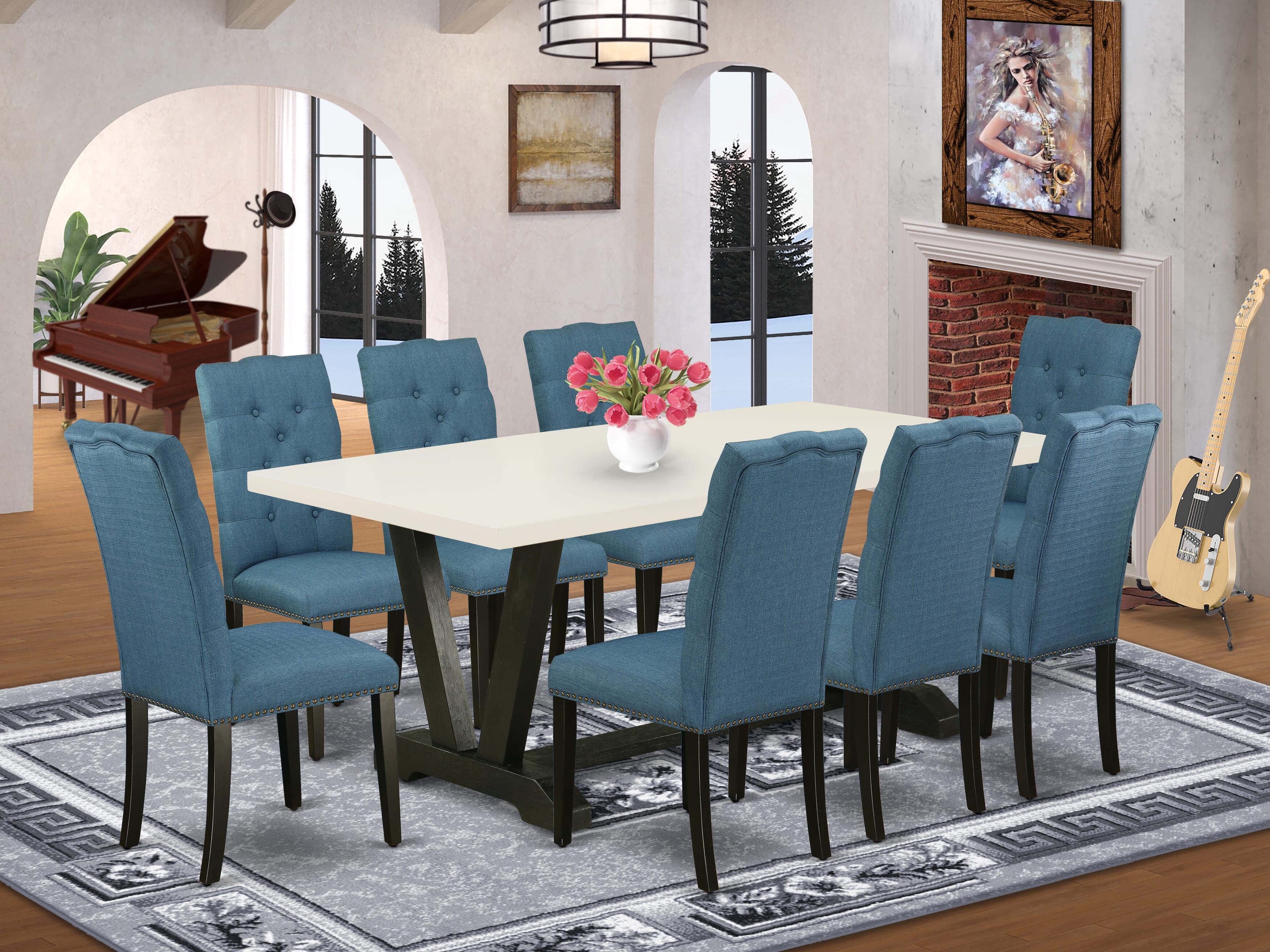 East West Furniture V627EL121-9 9-Piece Dining Room Table Set with Dining Table - 8 Linen Fabric Padded Chairs (Wire Brushed Black Finish)