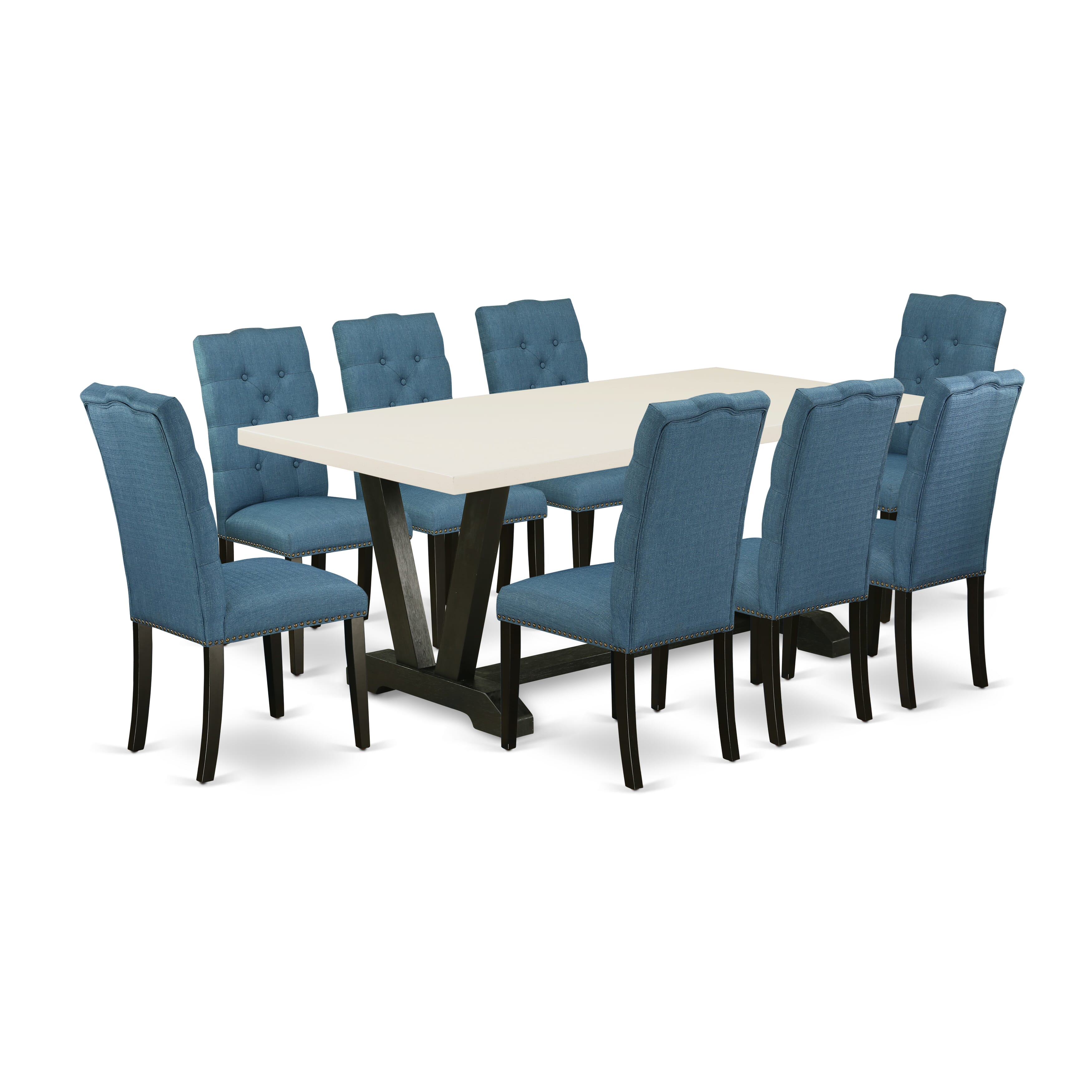East West Furniture V627EL121-9 9-Piece Dining Room Table Set with Dining Table - 8 Linen Fabric Padded Chairs (Wire Brushed Black Finish)