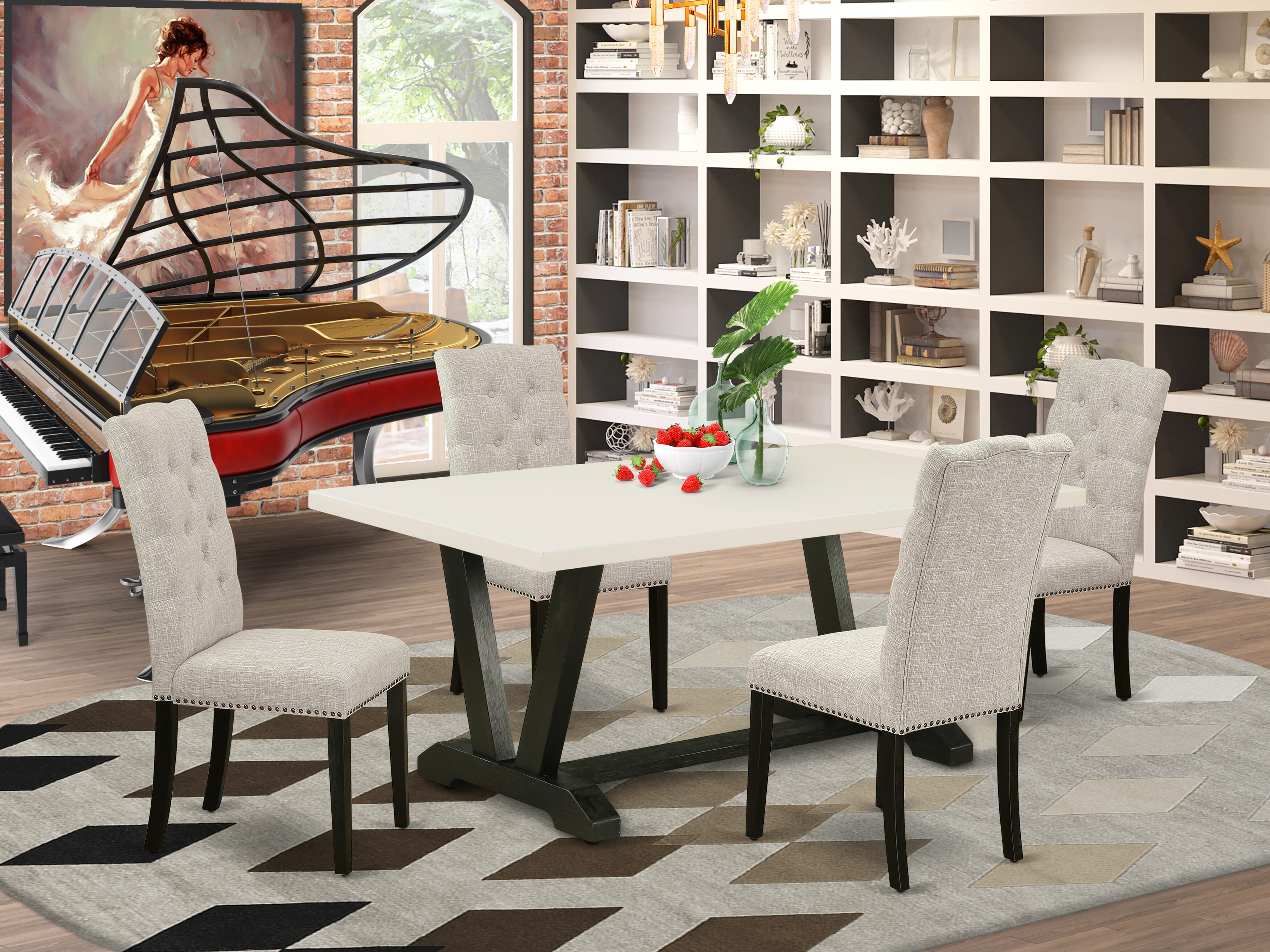East West Furniture V627EL635-5 5-Piece Dining room Table SetIncluded 4 Parson Dining chairs Upholstered Seat and High Button Tufted Chair Back and Rectangular Dining Table with linen white Kitchen Dining Table top (Black Finish)