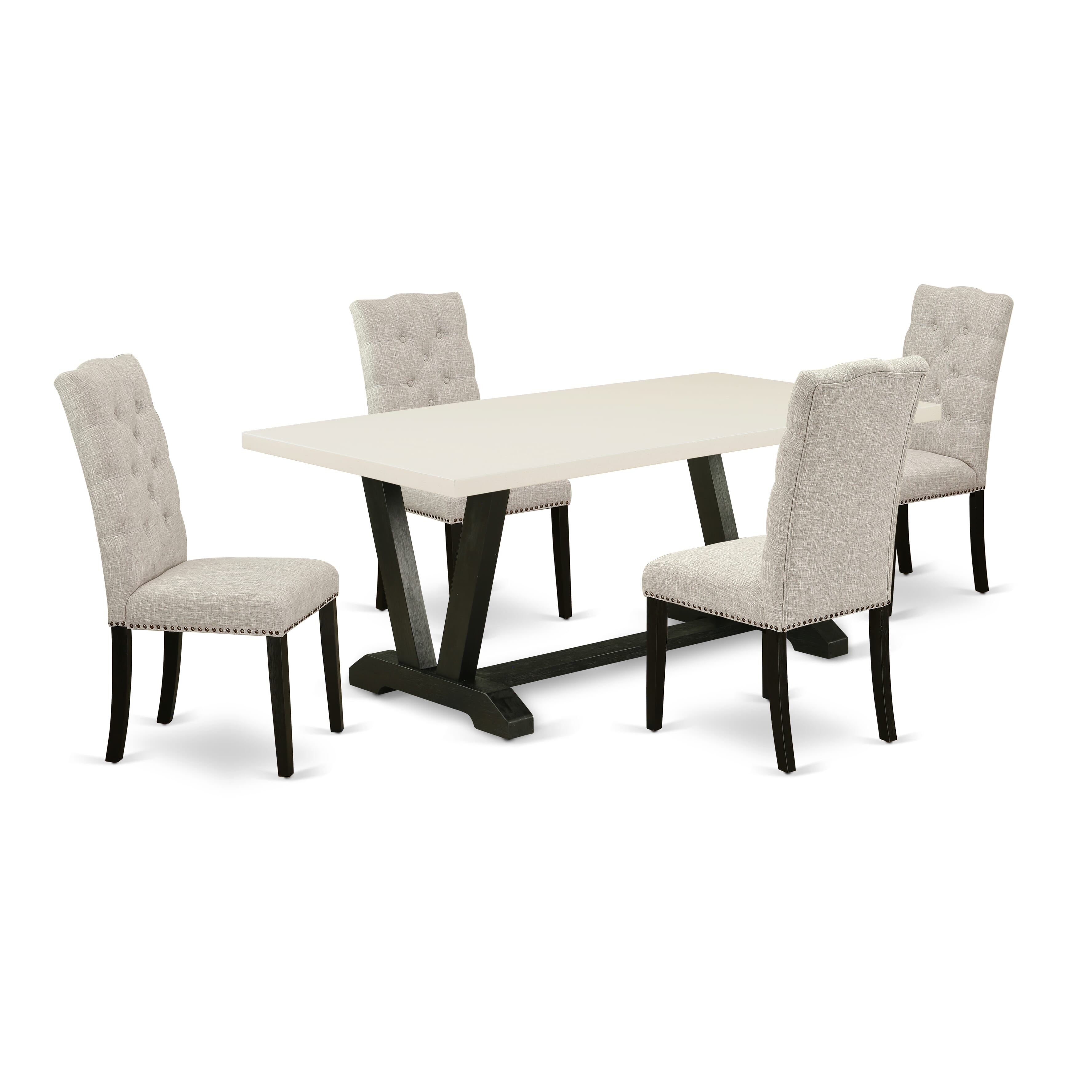 East West Furniture V627EL635-5 5-Piece Dining room Table SetIncluded 4 Parson Dining chairs Upholstered Seat and High Button Tufted Chair Back and Rectangular Dining Table with linen white Kitchen Dining Table top (Black Finish)