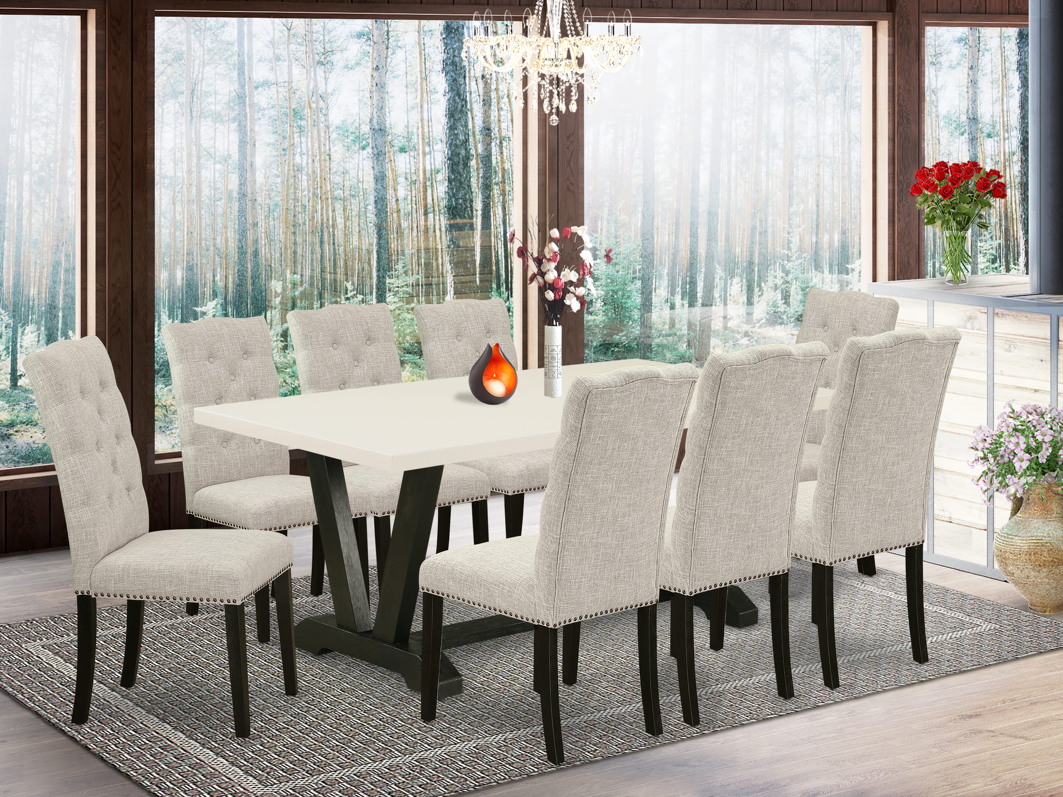 East West Furniture V627EL635-9 9-Pc Dining Table Set a beautiful linen white Modern Dining Table top and 8 Beautiful Parson chairs with Nail Heads and Button Tufted, Wire Brushed Black Finish
