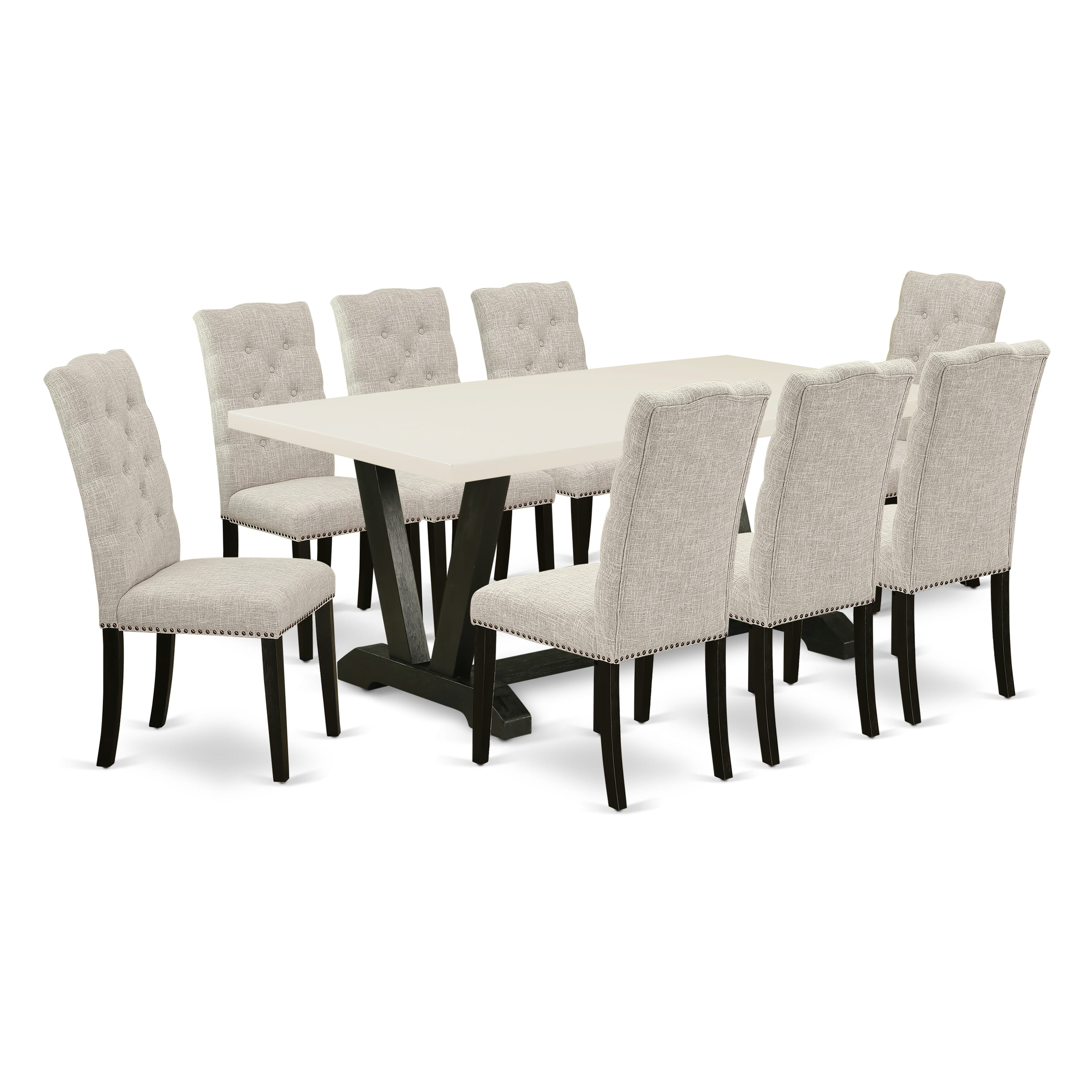 East West Furniture V627EL635-9 9-Pc Dining Table Set a beautiful linen white Modern Dining Table top and 8 Beautiful Parson chairs with Nail Heads and Button Tufted, Wire Brushed Black Finish