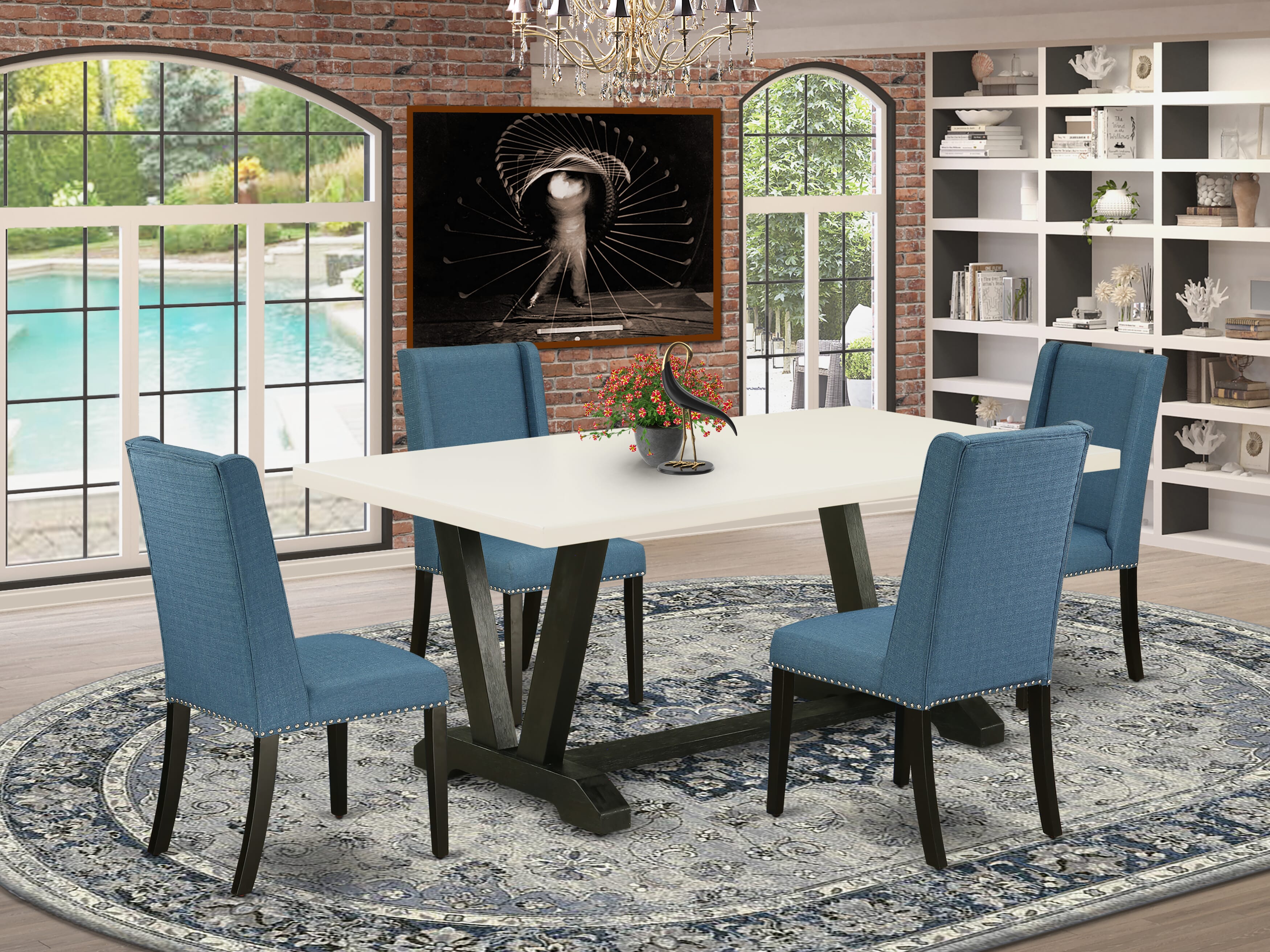 V627FL121-5 5-Piece Dining Table Set with Kitchen Table - 4 Linen Fabric Parson Chairs (Wire Brushed Black Finish)