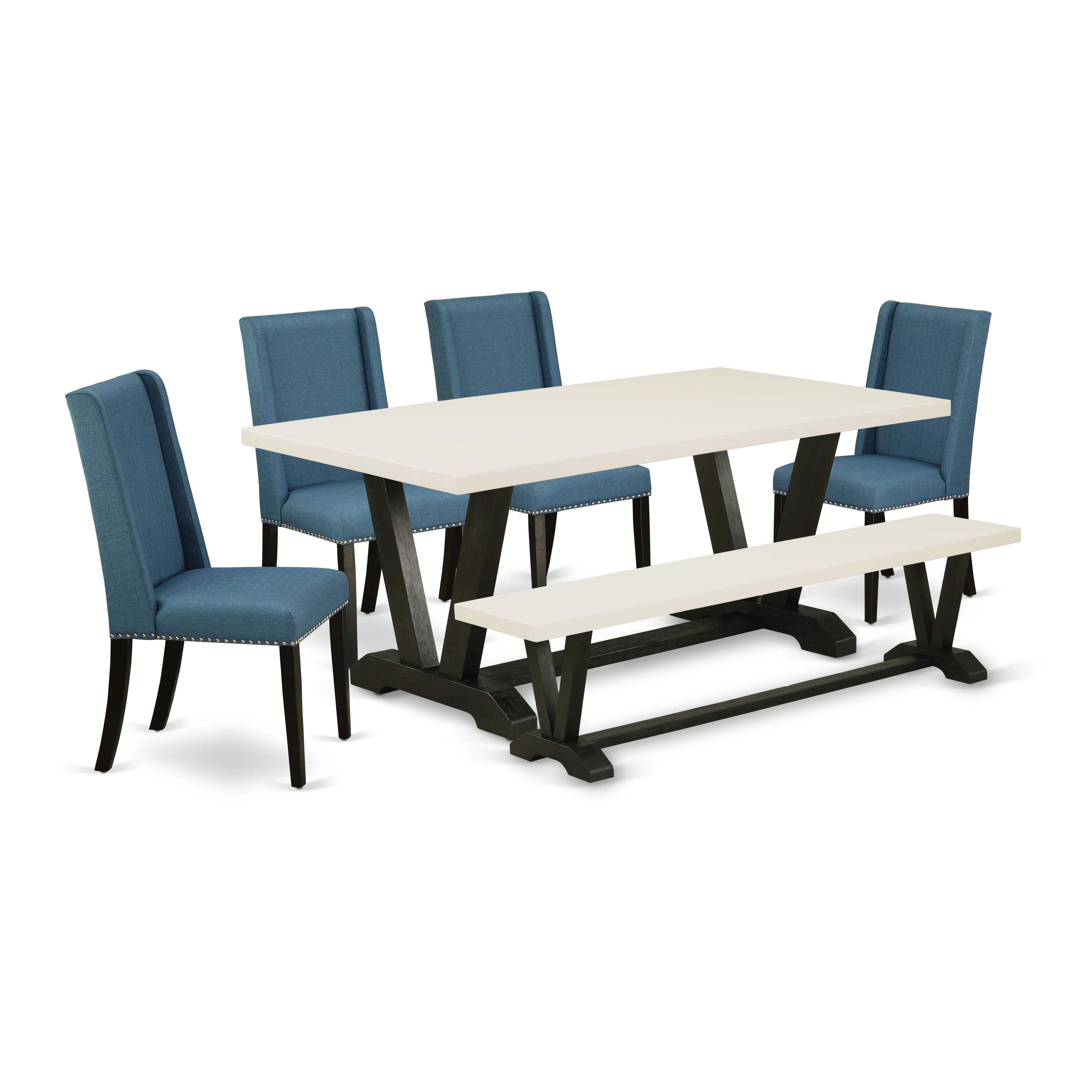 East West Furniture V627FL121-6 6-Piece Dining Table Set with Dining Table and Kitchen Bench - 4 Linen Fabric Dining Chairs (Wire Brushed Black Finish)