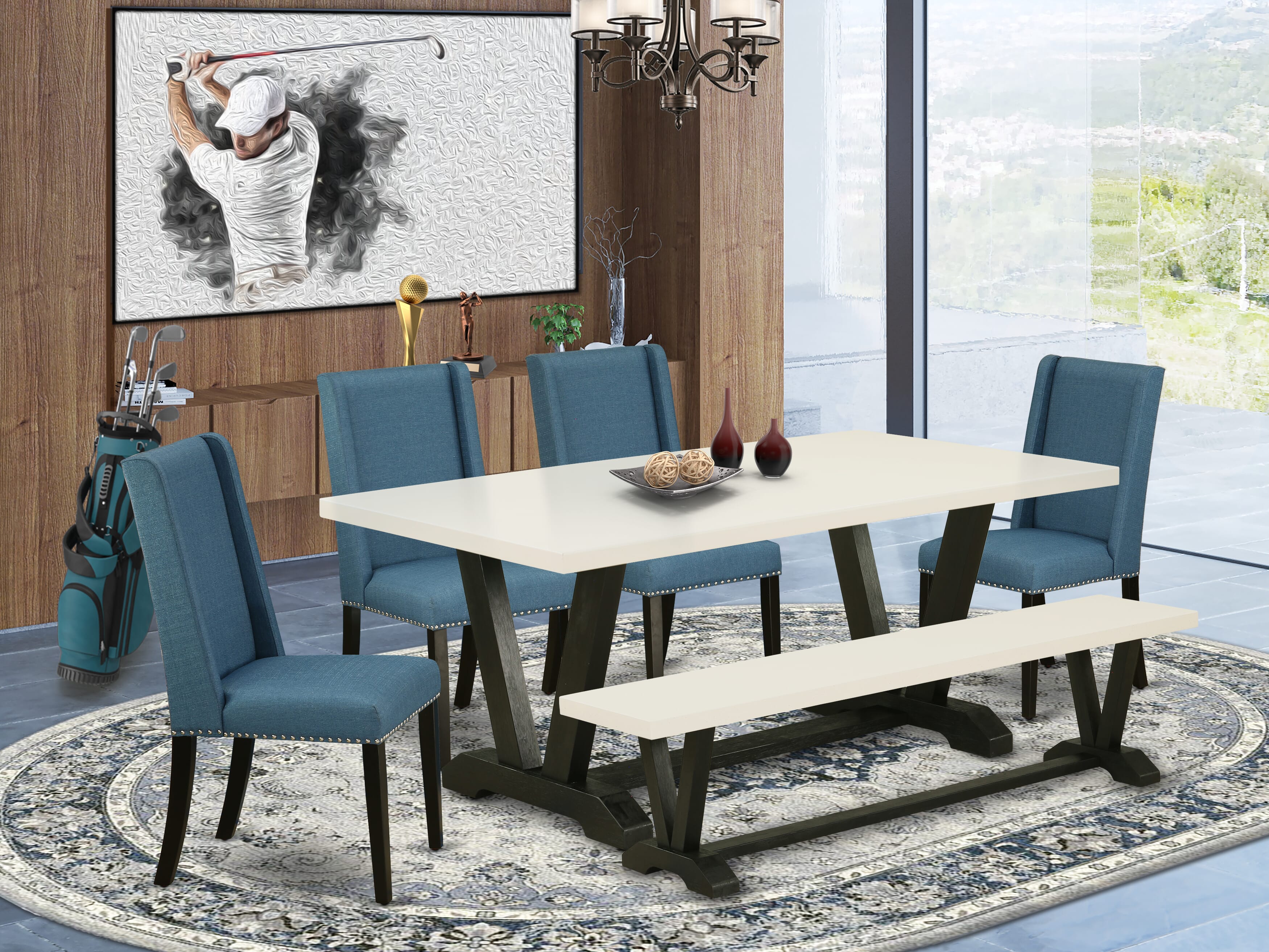 East West Furniture V627FL121-6 6-Piece Dining Table Set with Dining Table and Kitchen Bench - 4 Linen Fabric Dining Chairs (Wire Brushed Black Finish)