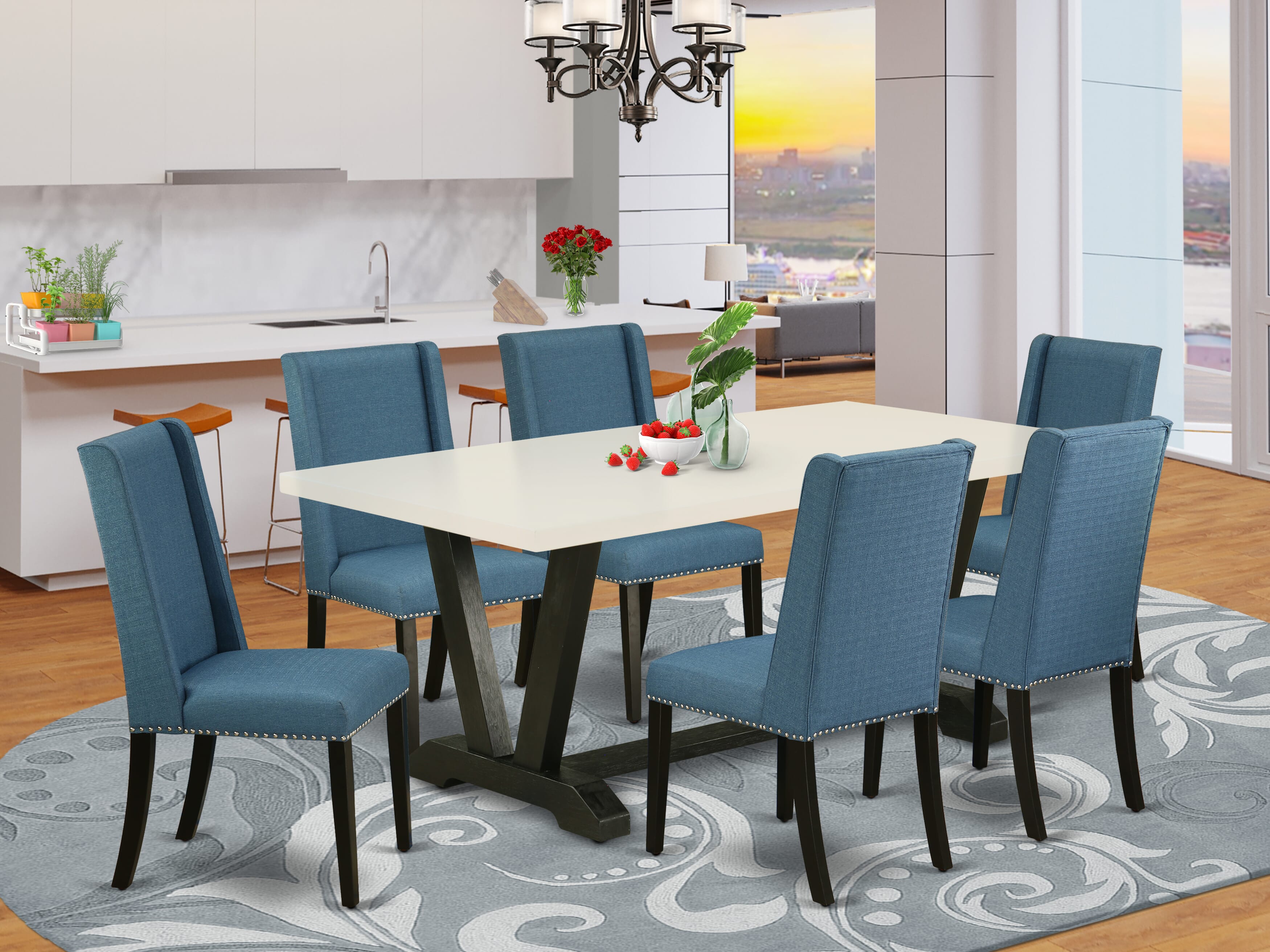 V627FL121-7 7-Piece Kitchen Table Set with Dining Room Table - 6 Linen Fabric dining room chairs (Wire Brushed Black Finish)