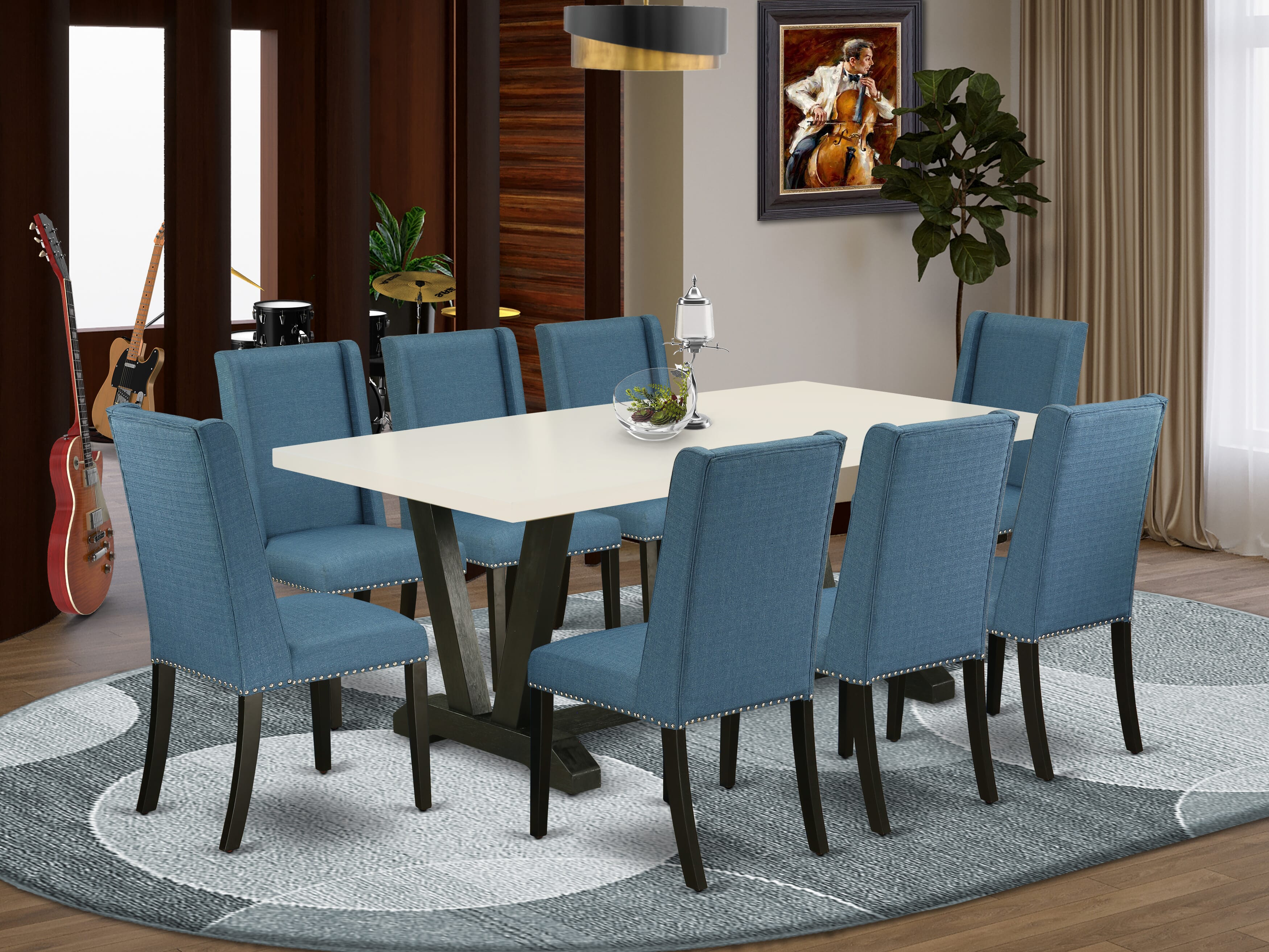 East West Furniture V627FL121-9 9-Piece Dining Table Set with Dining Table - 8 Linen Fabric Padded Parson Chairs (Wire Brushed Black Finish)