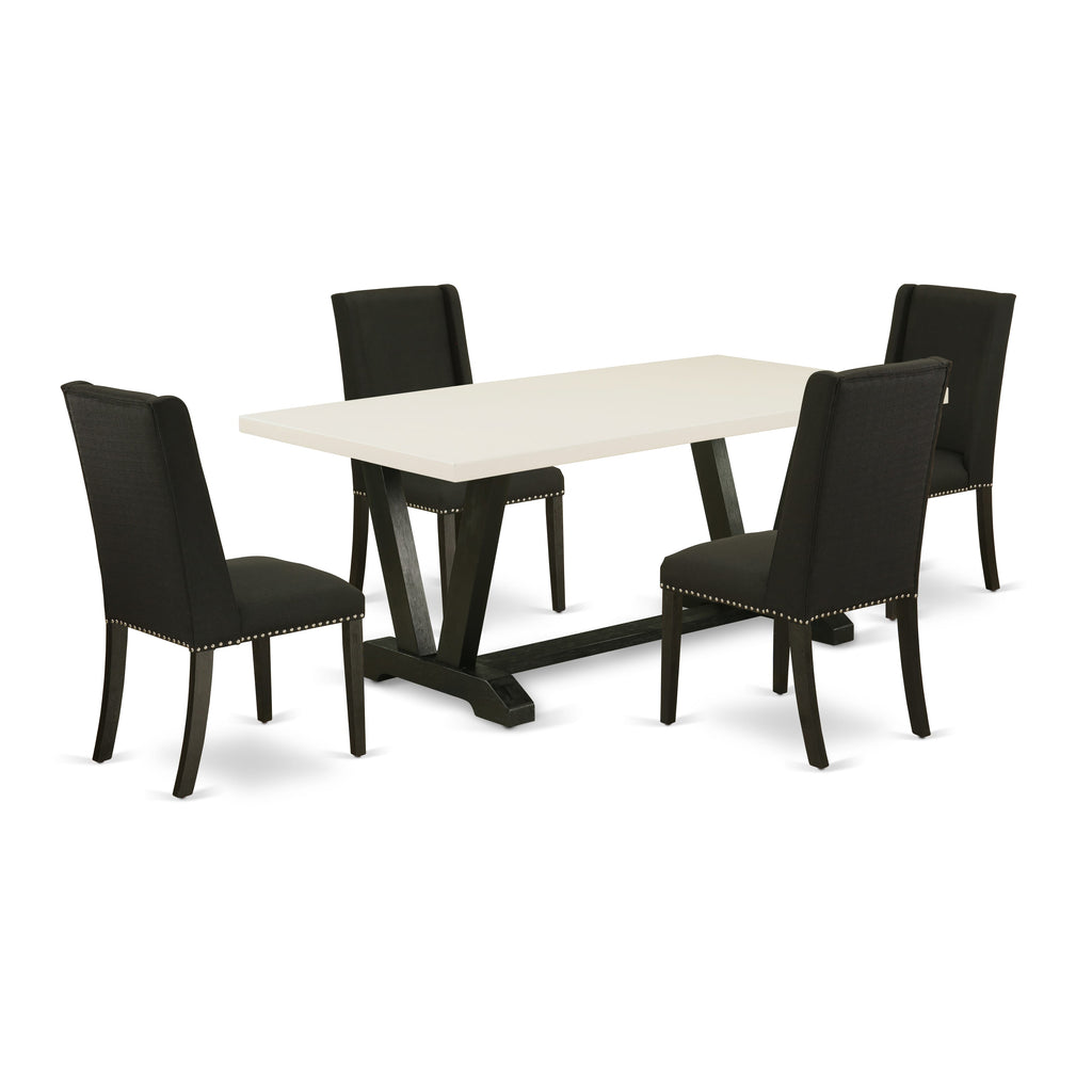 East West Furniture V627FL624-5 5 Piece Kitchen Table & Chairs Set Includes a Rectangle Dining Room Table with V-Legs and 4 Black Linen Fabric Upholstered Chairs