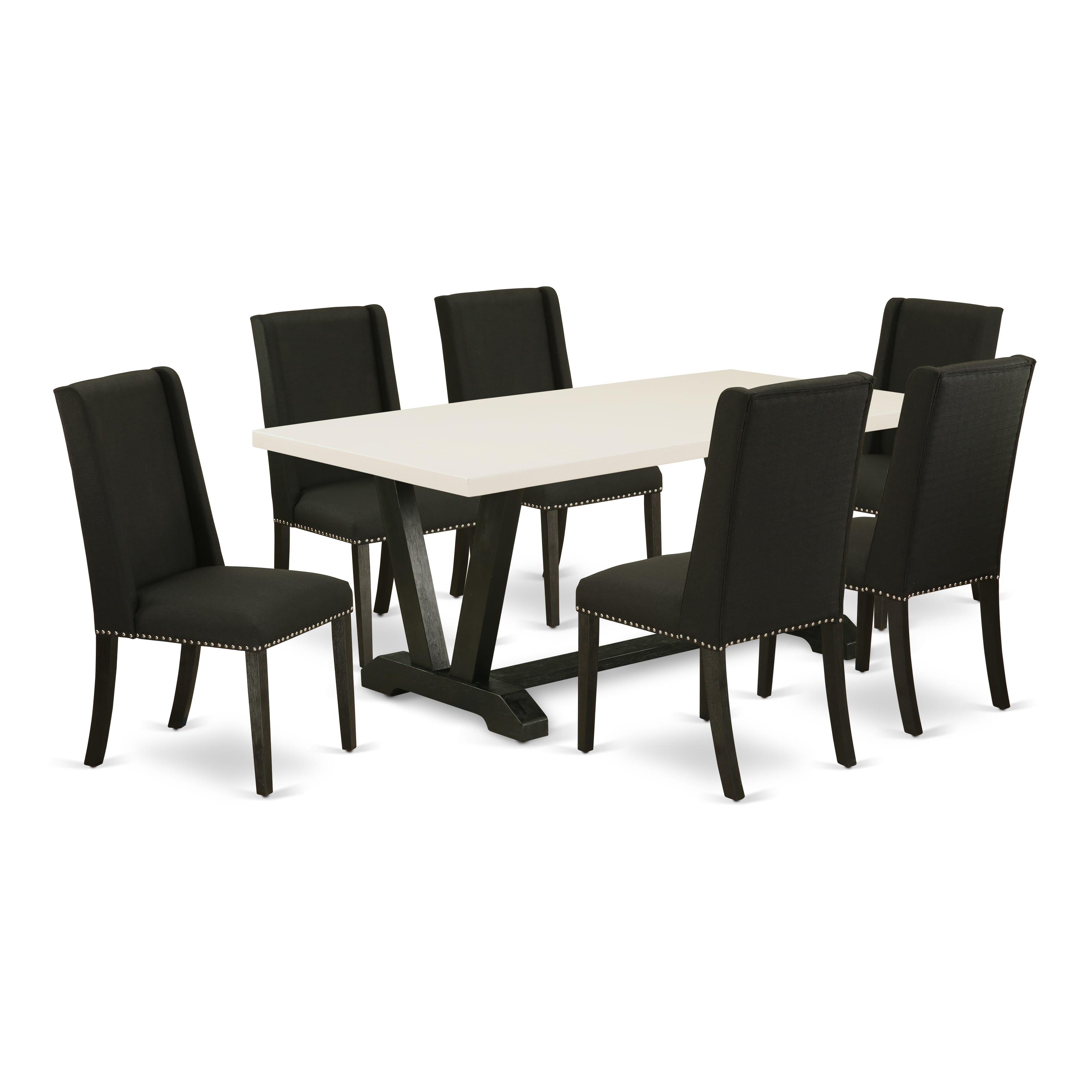 East West Furniture V627FL624-7 7-Pc dining set a wonderful linen white dining table top and 6 Beautiful Parson dining chair with Nail heads and High Stylish Chair Back, Wire Brushed Black Finish