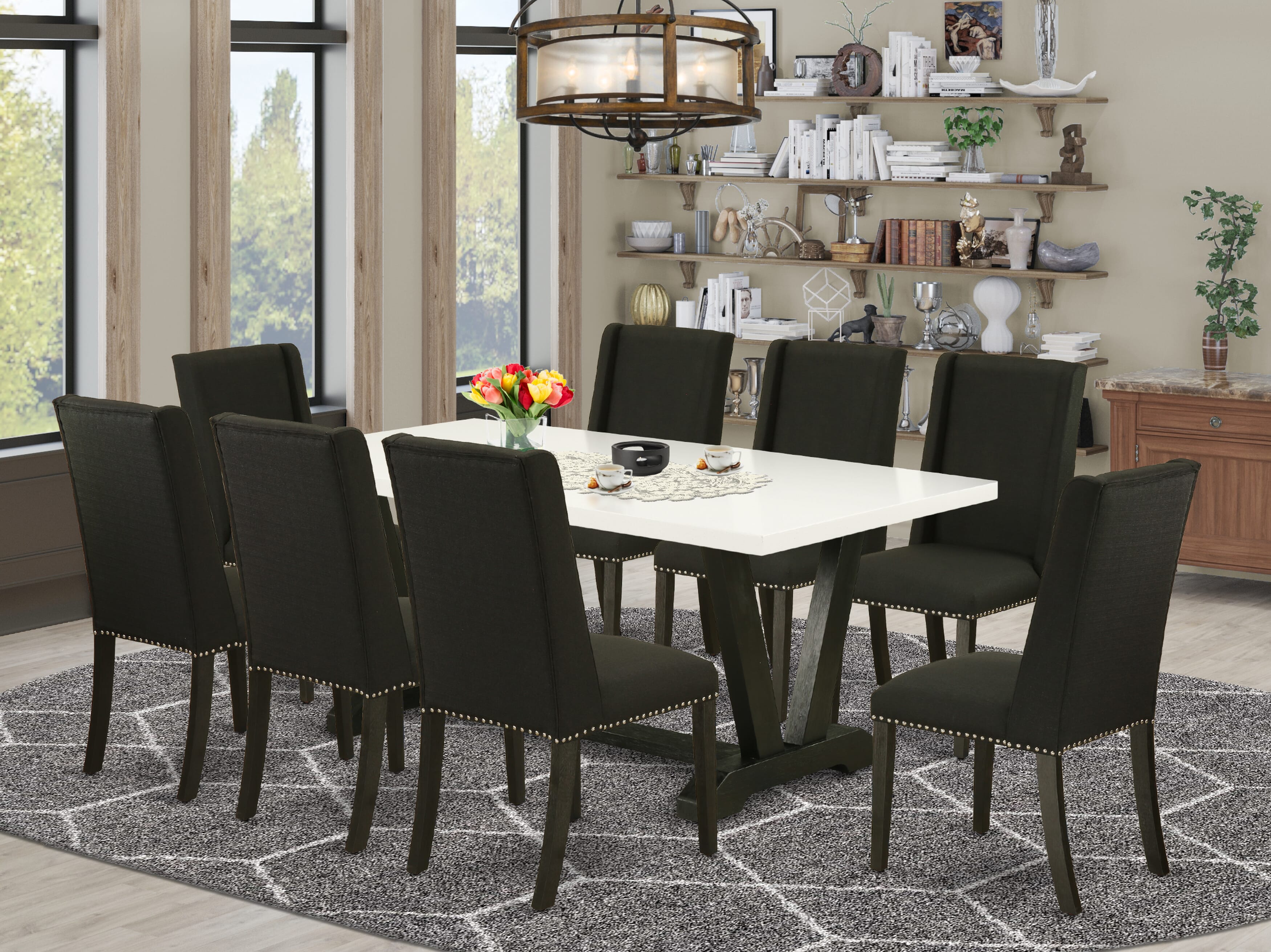V627FL624-9 9-Piece Rectangular Dinette Set a Wonderful linen white Dinette Table top and 8 beautiful Parson�s dining room chairs with Nail Heads and Curved Back, Wire Brushed Black Finish