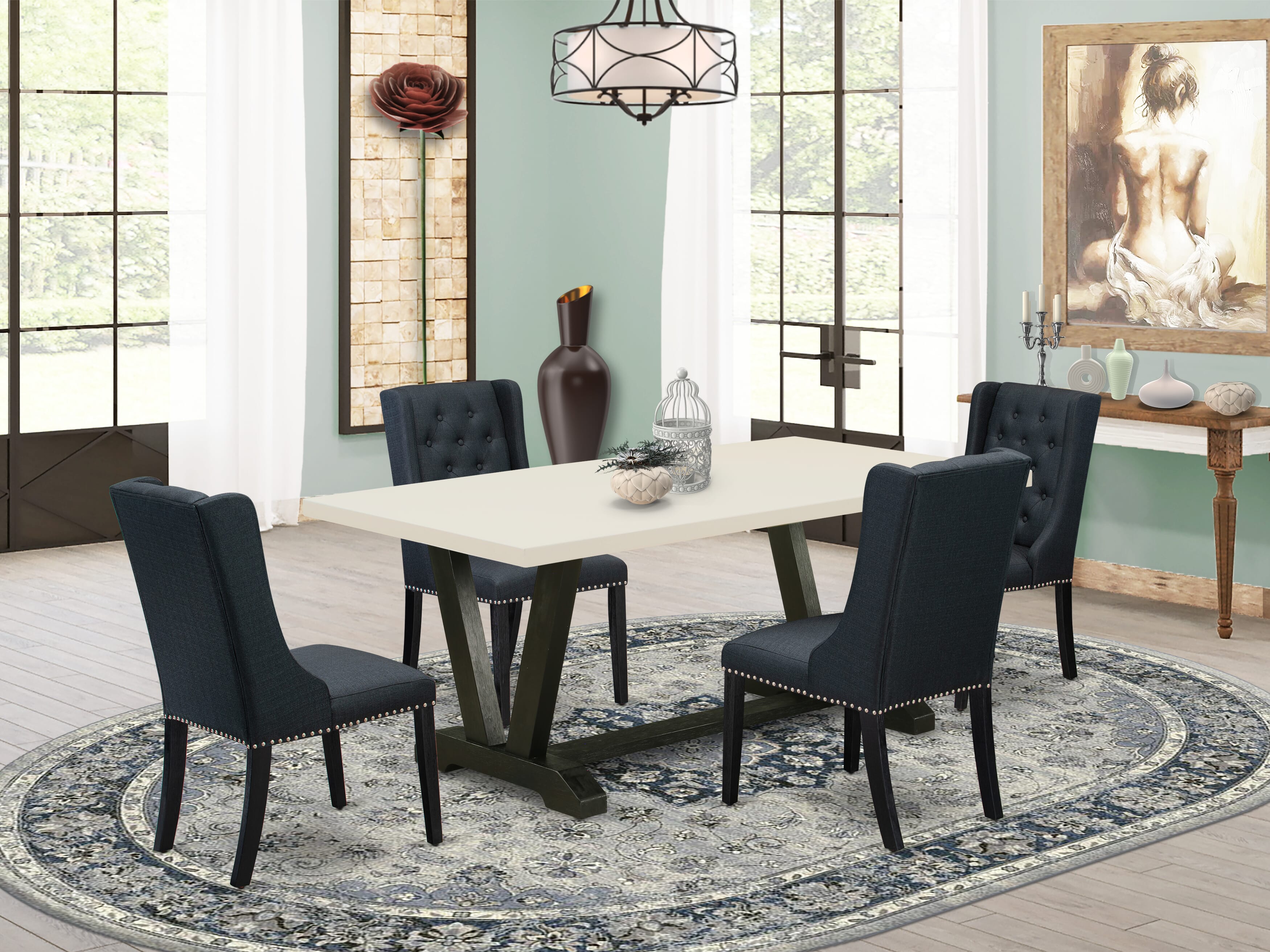 Juego de comedor East West Furniture V627FO624-5 de 5 piezas. Incluye 4 sillas Parson de tela de lino negro con botones capitoné y tachuelas, y una mesa de comedor moderna con acabado en negro cepillado.