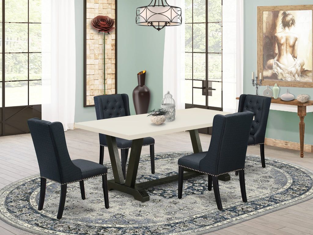 East West Furniture V627FO624-5 5 Pc Dining Set Consists of 4 Black Linen Fabric Parson Chairs Button Tufted with Nail heads and Modern Dining Table - Wire Brush Black Finish