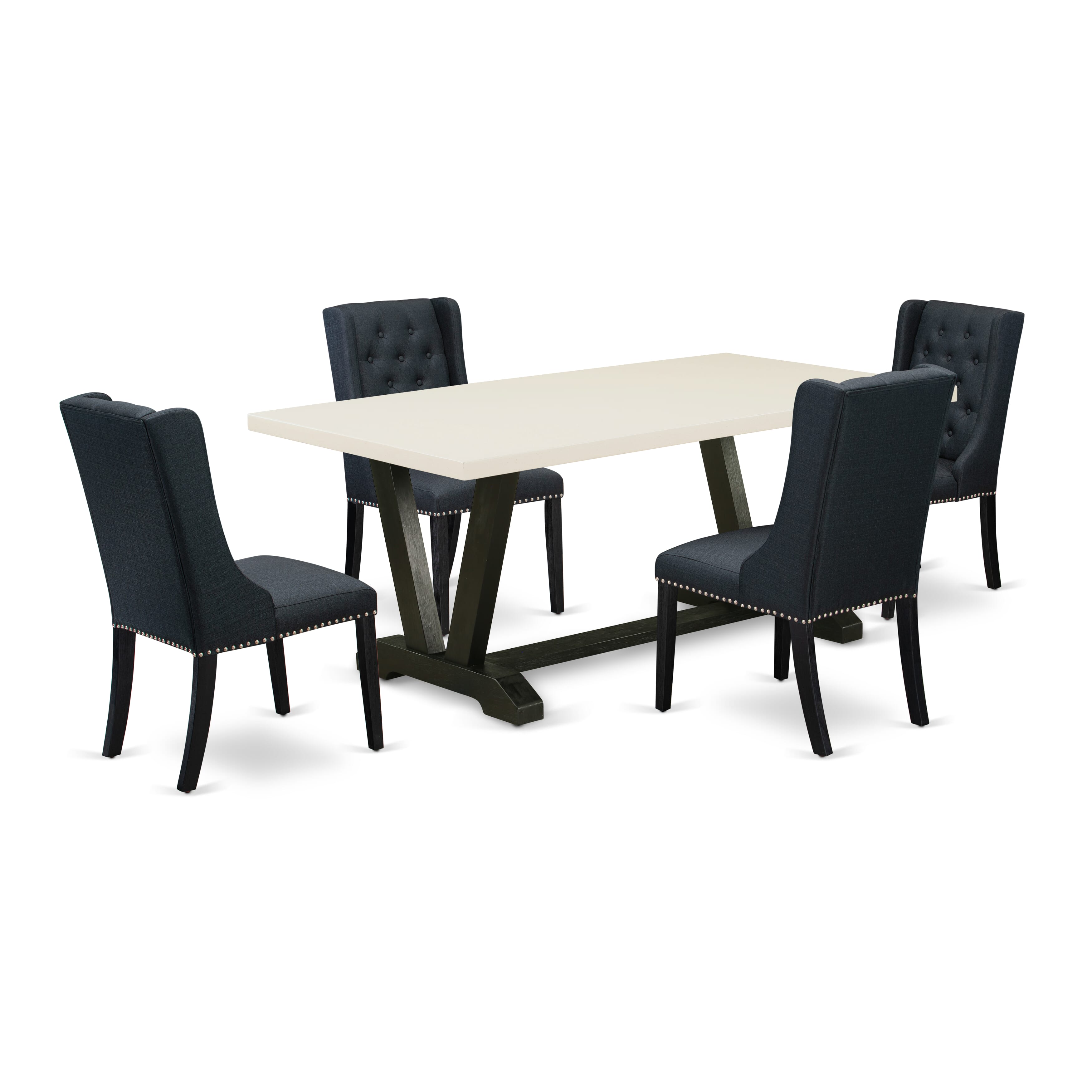 Juego de comedor East West Furniture V627FO624-5 de 5 piezas. Incluye 4 sillas Parson de tela de lino negro con botones capitoné y tachuelas, y una mesa de comedor moderna con acabado en negro cepillado.