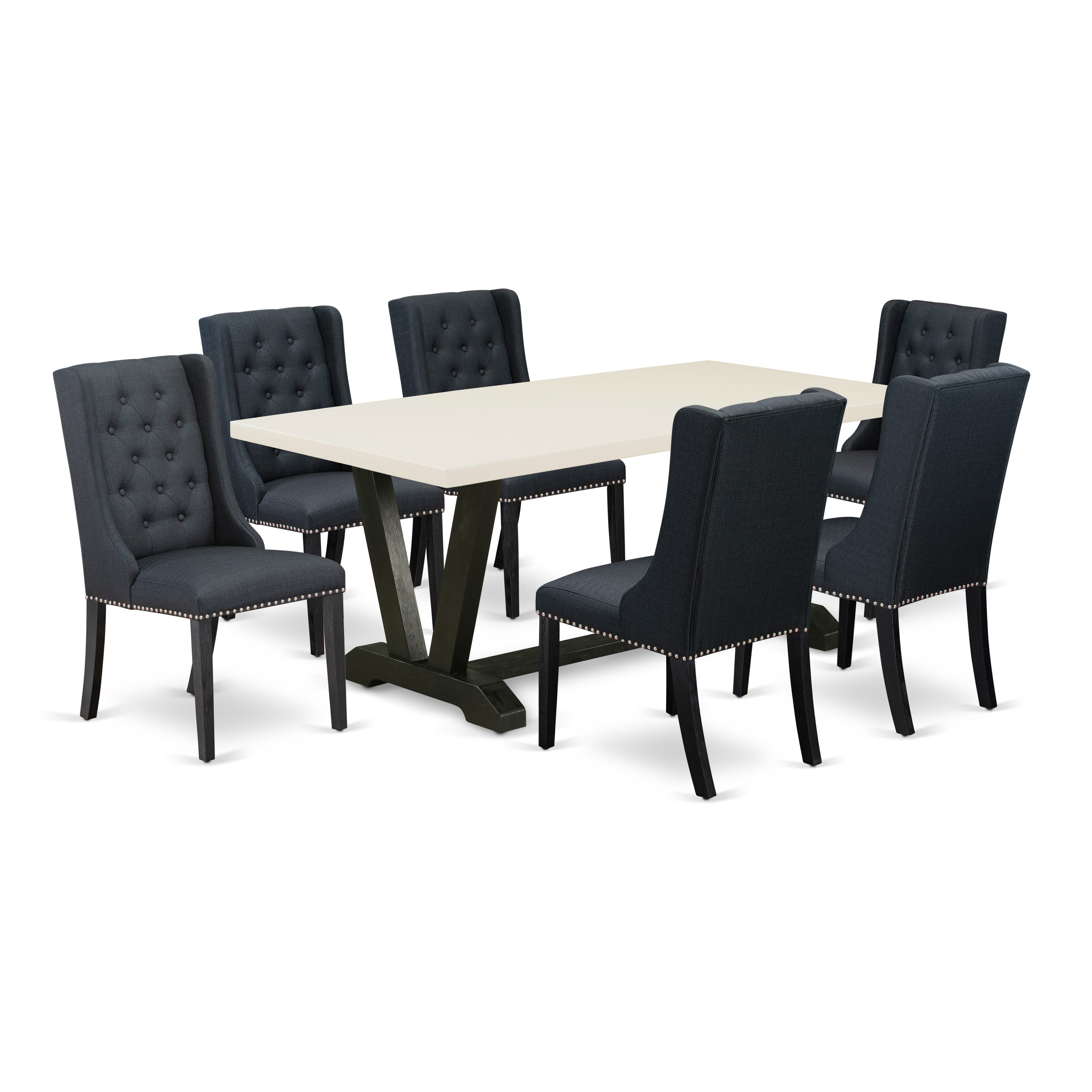 Juego de mesa de comedor moderna East West Furniture V627FO624-7 de 7 piezas compuesto por una mesa rectangular de madera con patas en V y 6 sillas de comedor Parson de tela de lino negro.