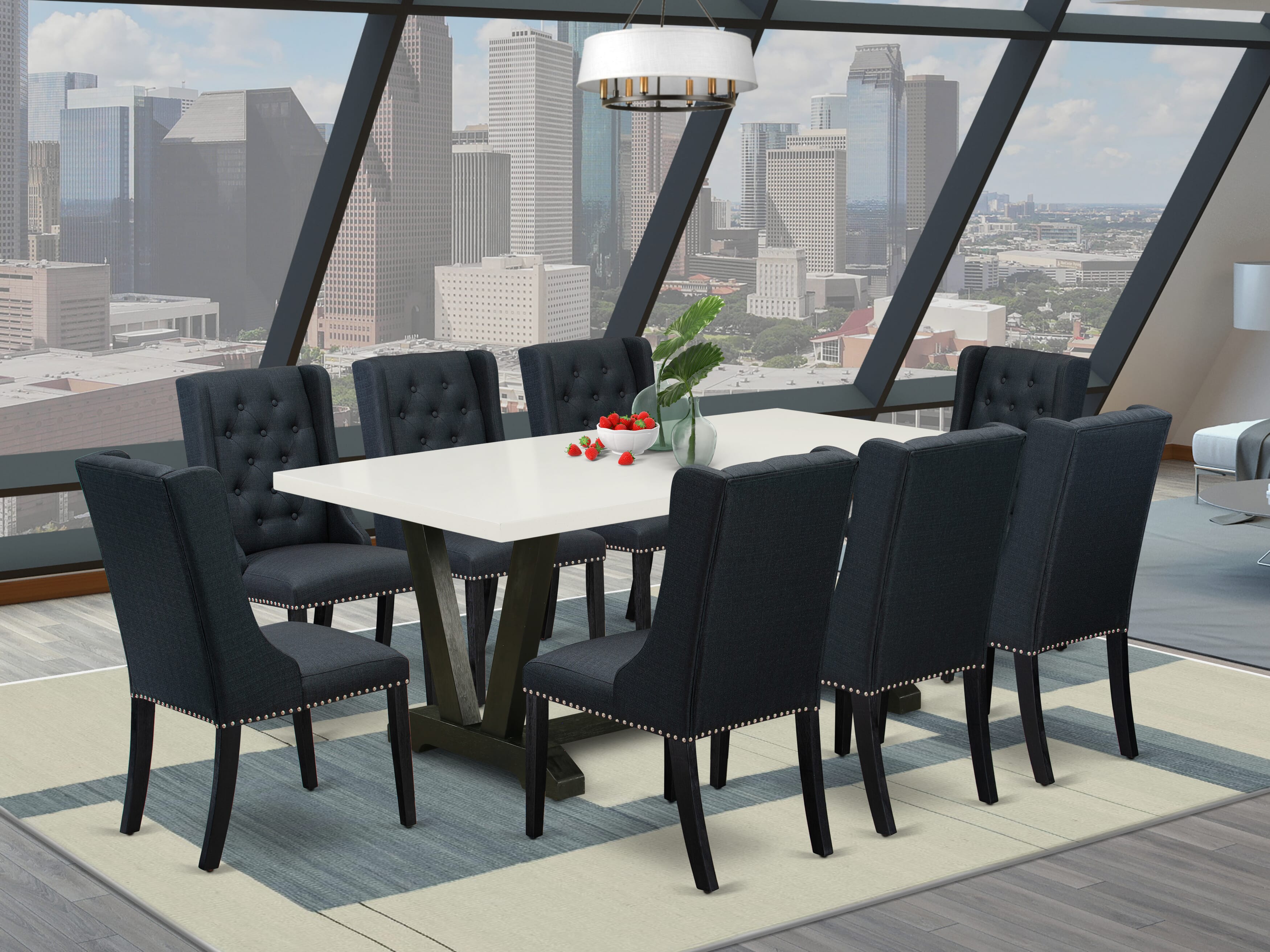 East West Furniture V627FO624-9 9 Piece Dining Set - 8 Black Linen Fabric Padded Chair Button Tufted with Nail heads and linen white Kitchen Table - Wire Brush Black Finish
