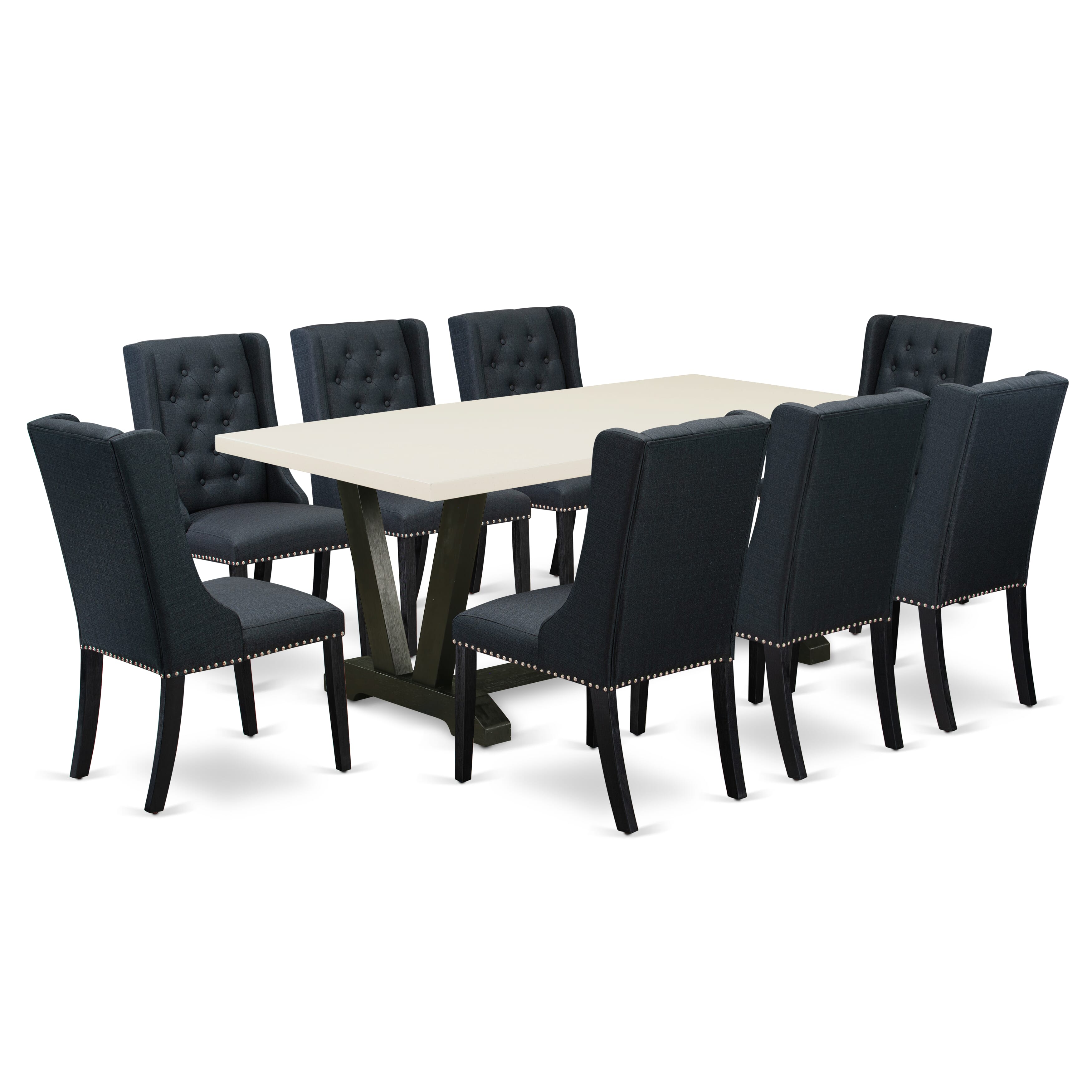 East West Furniture V627FO624-9 9 Piece Dining Set - 8 Black Linen Fabric Padded Chair Button Tufted with Nail heads and linen white Kitchen Table - Wire Brush Black Finish