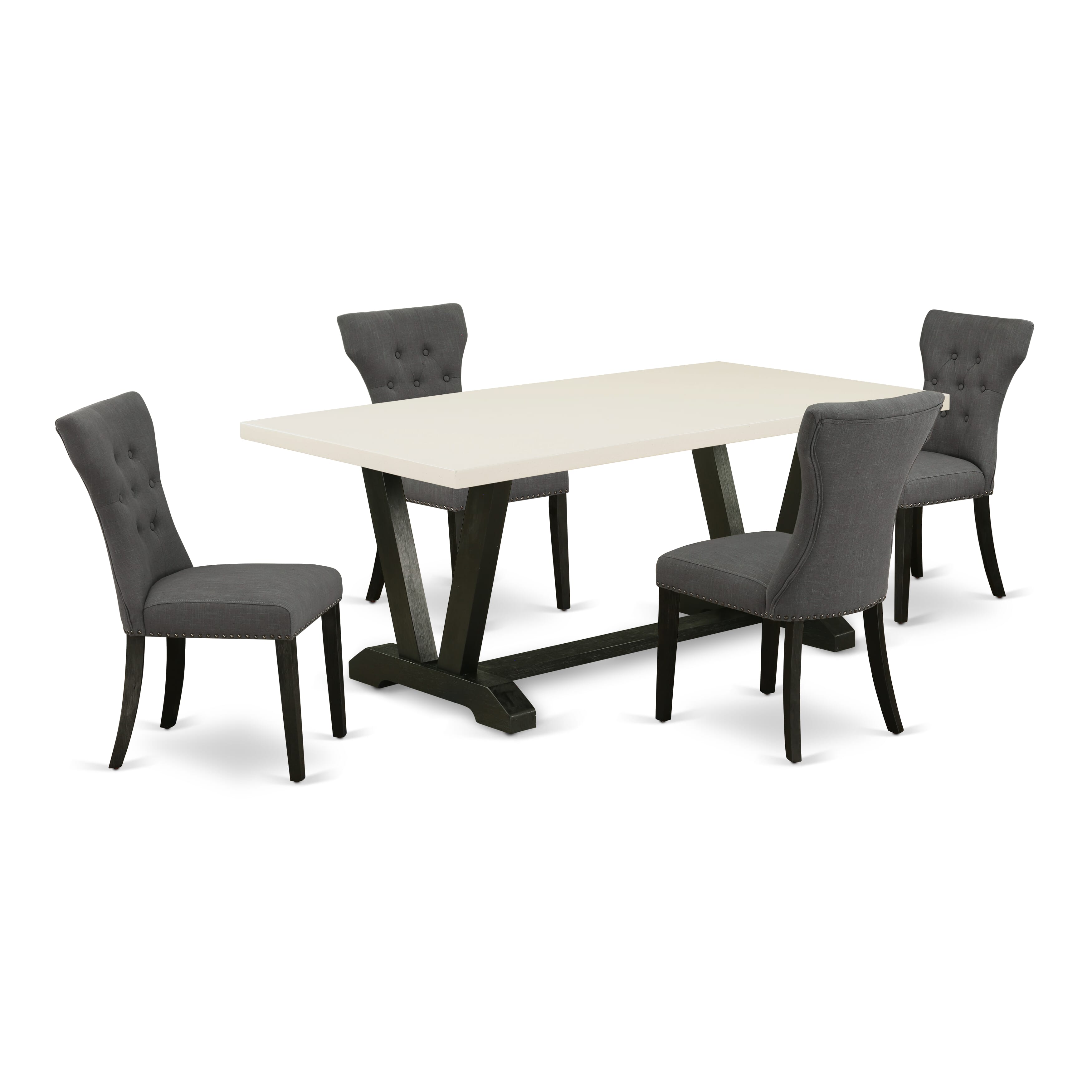East West Furniture V627GA650-5 5-Piece rectangular Dinette SetIncluded 4 Dining chairs Upholstered Seat and High Button Tufted Chair Back and Rectangular Kitchen Dining Table with linen white dining table top (Black Finish)
