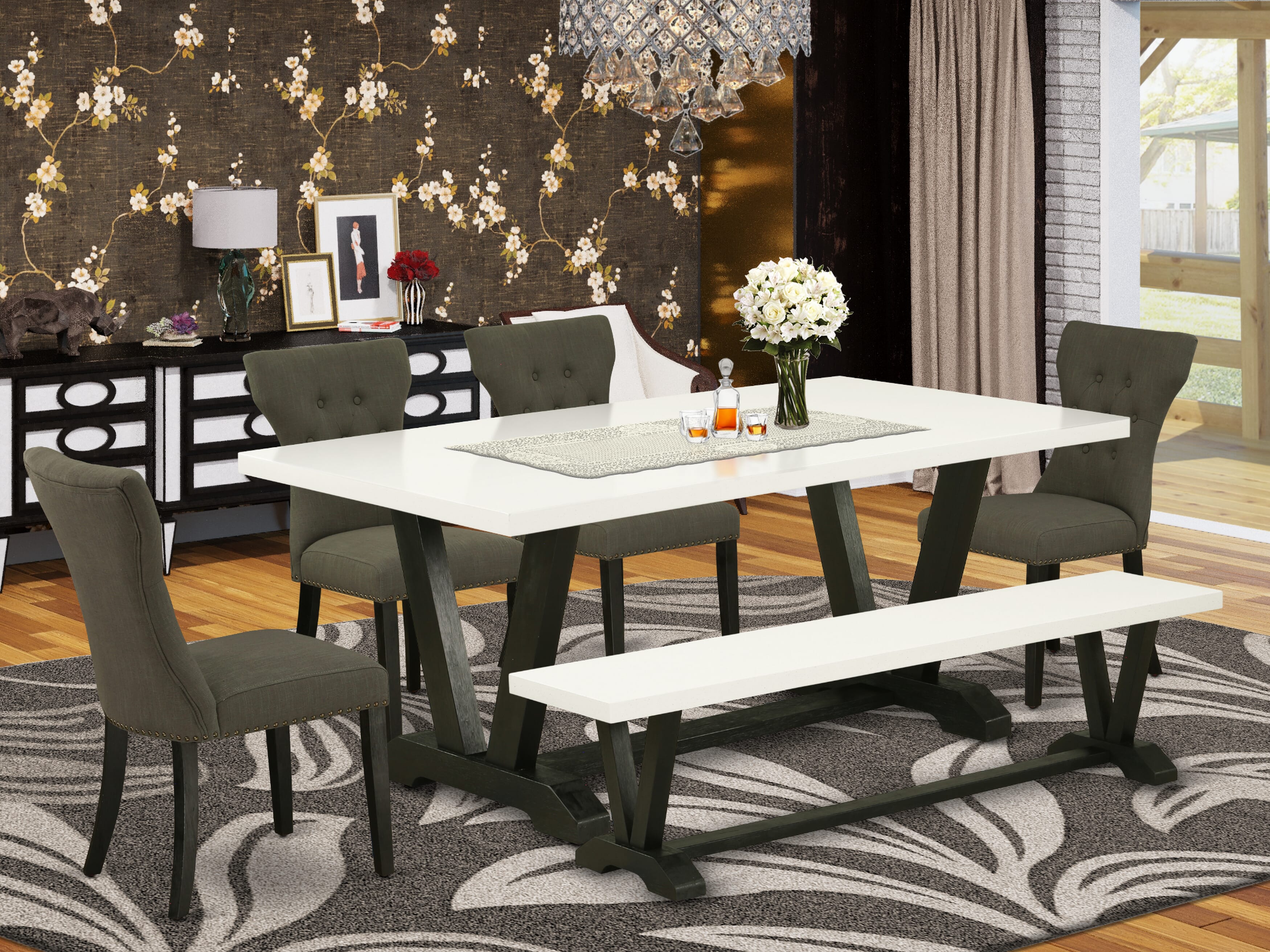 El juego de mesa de comedor East West Furniture V627GA650-6 de 6 piezas incluye una mesa de cocina rectangular con patas en V y 4 sillas Parson de tela de lino Gotham oscuro con un banco.