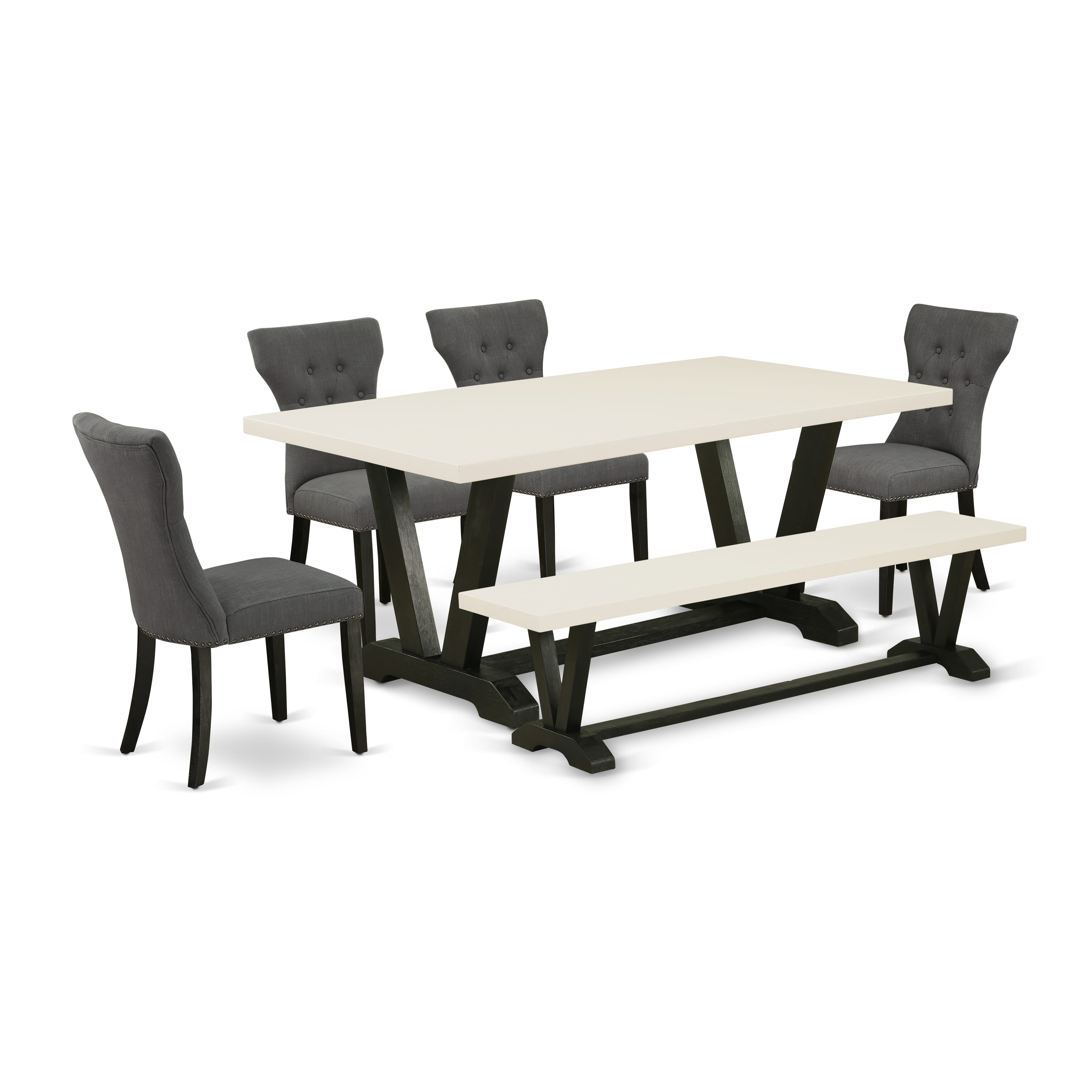 El juego de mesa de comedor East West Furniture V627GA650-6 de 6 piezas incluye una mesa de cocina rectangular con patas en V y 4 sillas Parson de tela de lino Gotham oscuro con un banco.