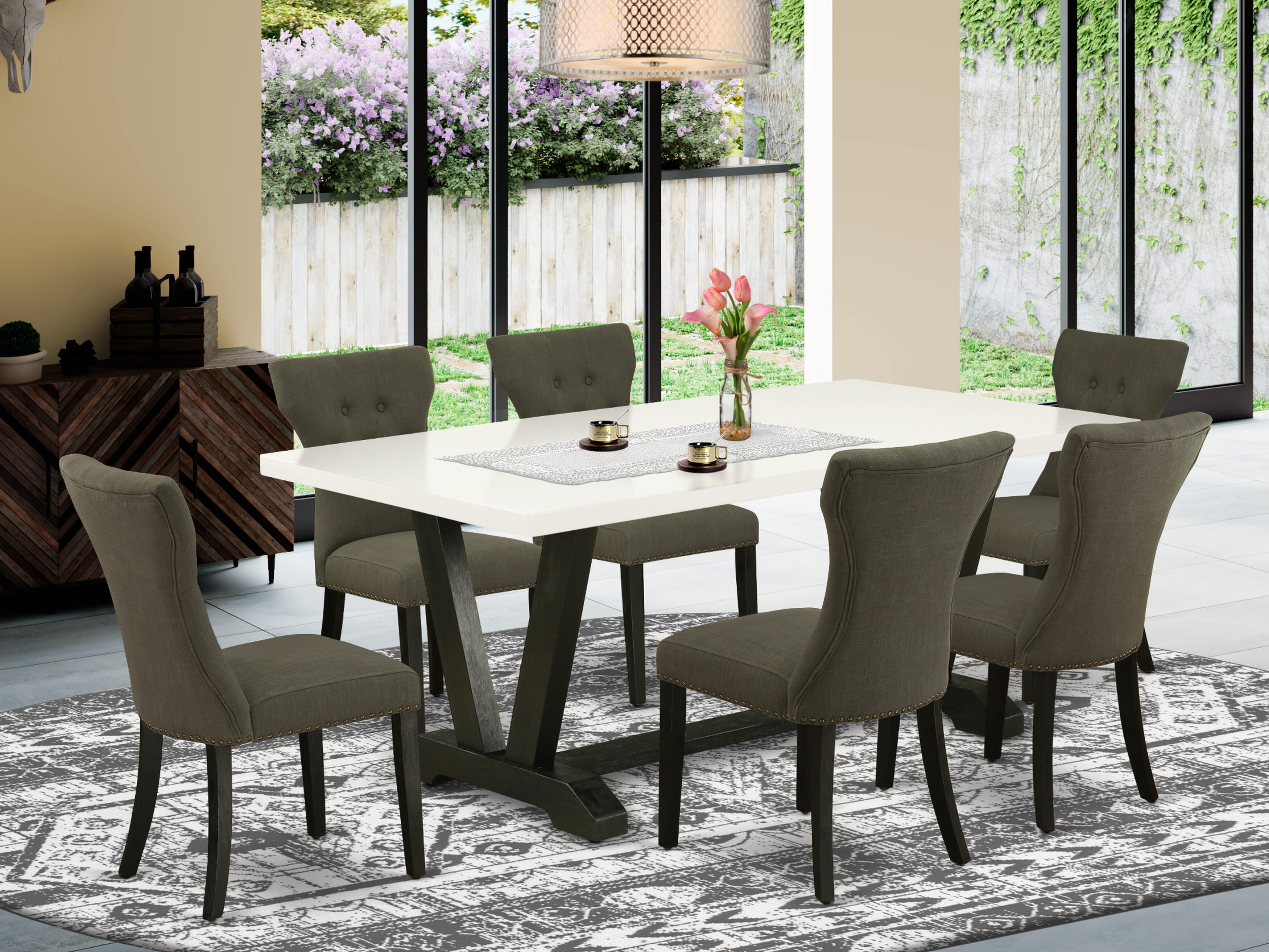 East West Furniture V627GA650-7 7-Pc Rectangular dining table set a beautiful linen white dining table top and 6 Wonderful kitchen chairs with Nail heads and Button Tufted, Wire Brushed Black Finish