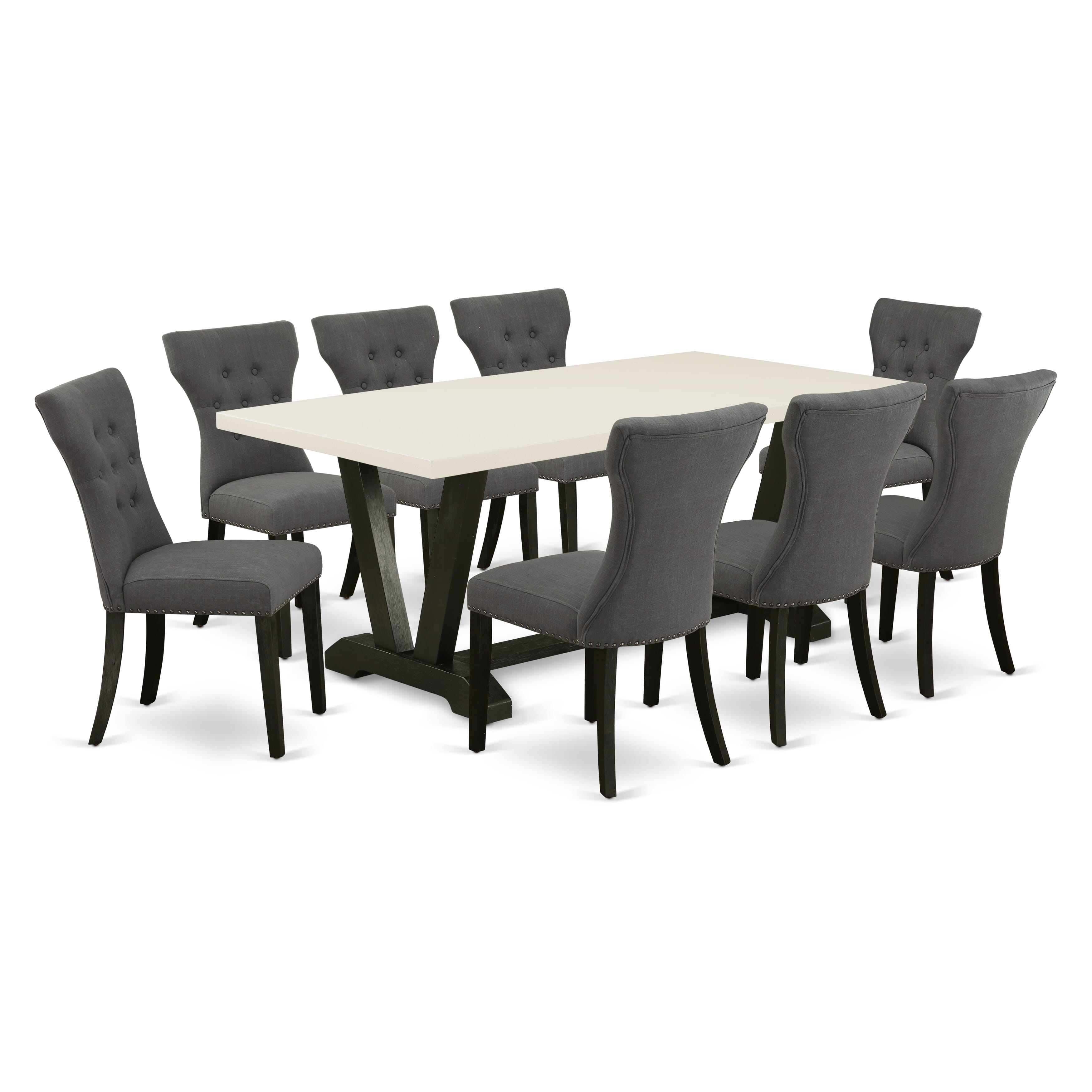 El juego de mesa de comedor East West Furniture V627GA650-9 de 9 piezas incluye una mesa de comedor rectangular con patas en V y 8 sillas Parsons de tela de lino Gotham oscuro.