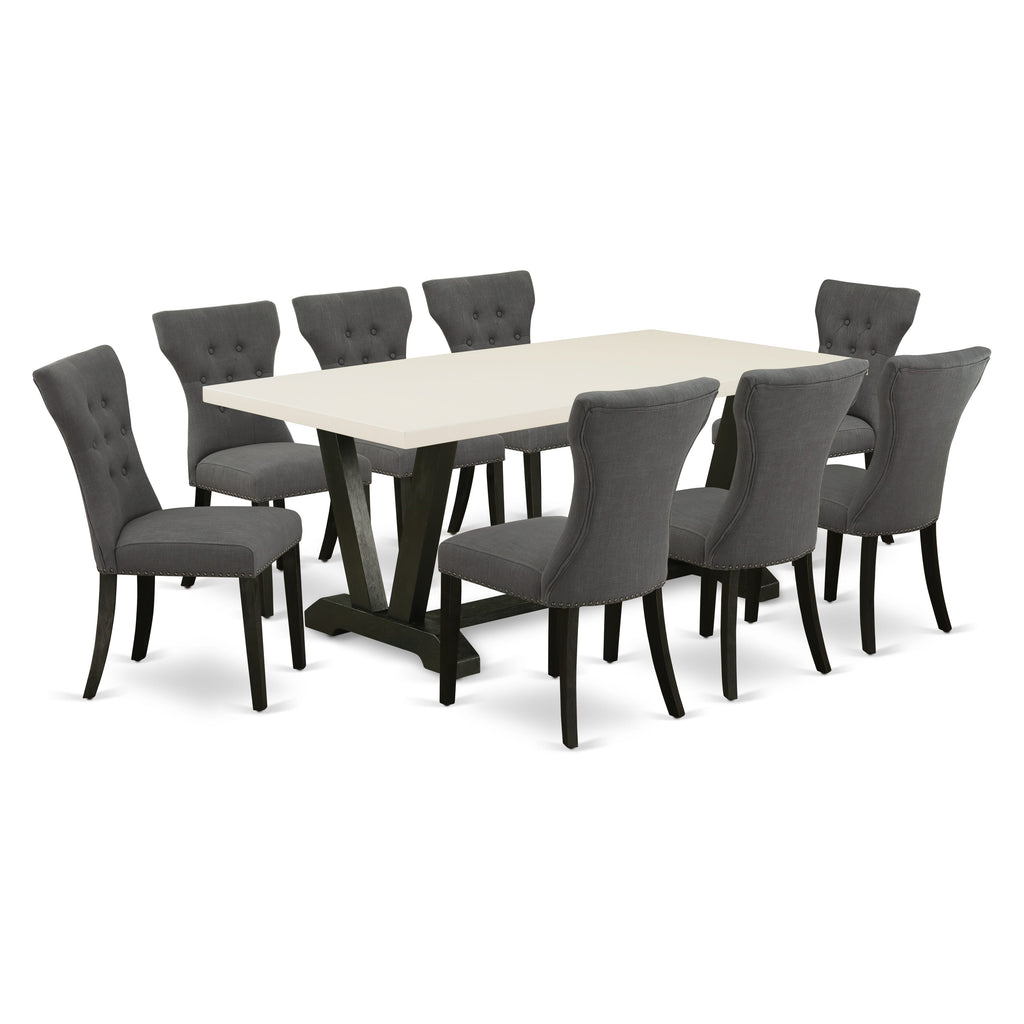 El juego de mesa de comedor East West Furniture V627GA650-9 de 9 piezas incluye una mesa de comedor rectangular con patas en V y 8 sillas Parsons de tela de lino Gotham oscuro.