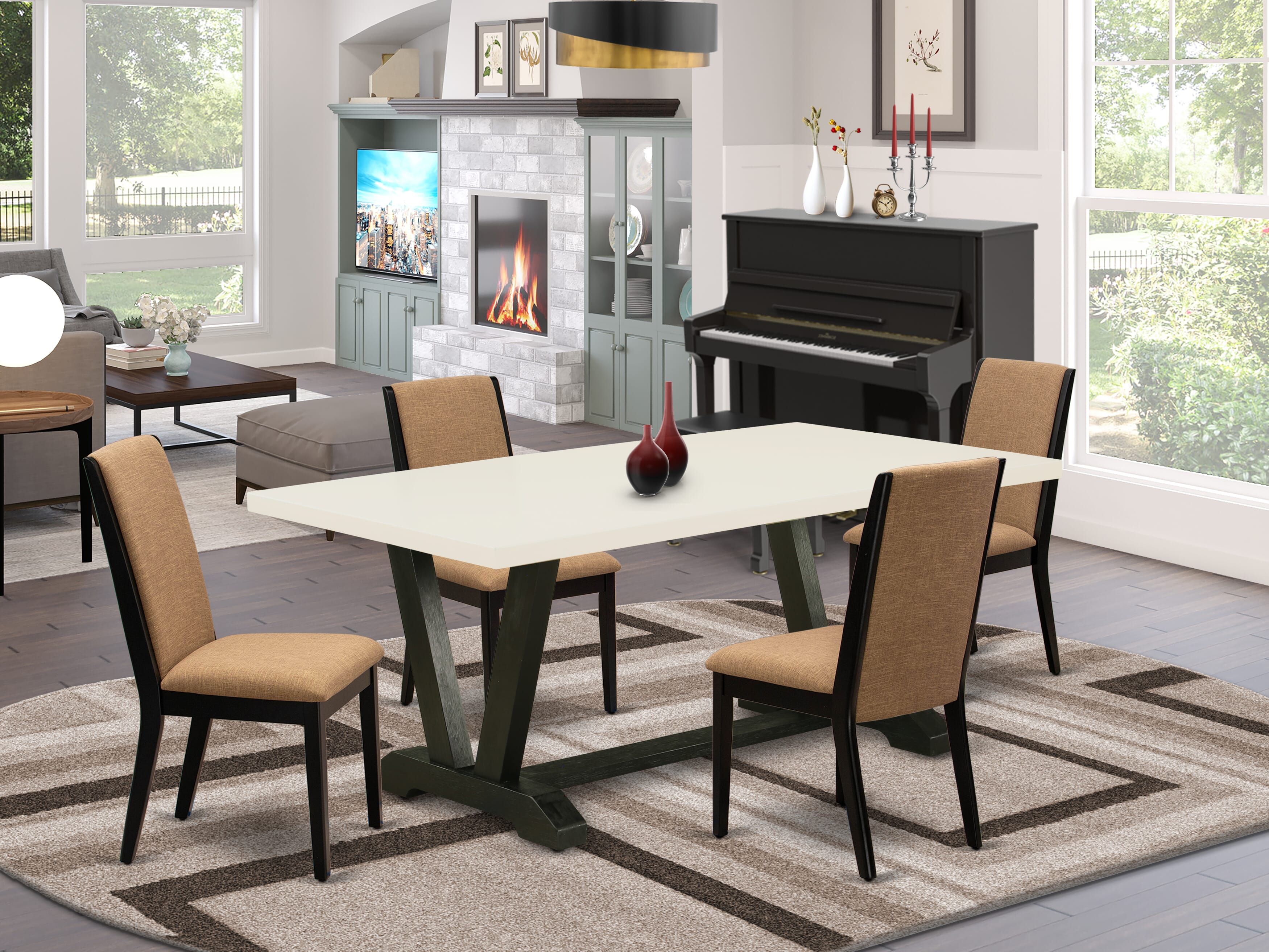 East West Furniture V627LA147-5 5-Piece Dining Room Set with Kitchen Table - 4 Linen Fabric Parson Chairs (Wire Brushed Black Finish)